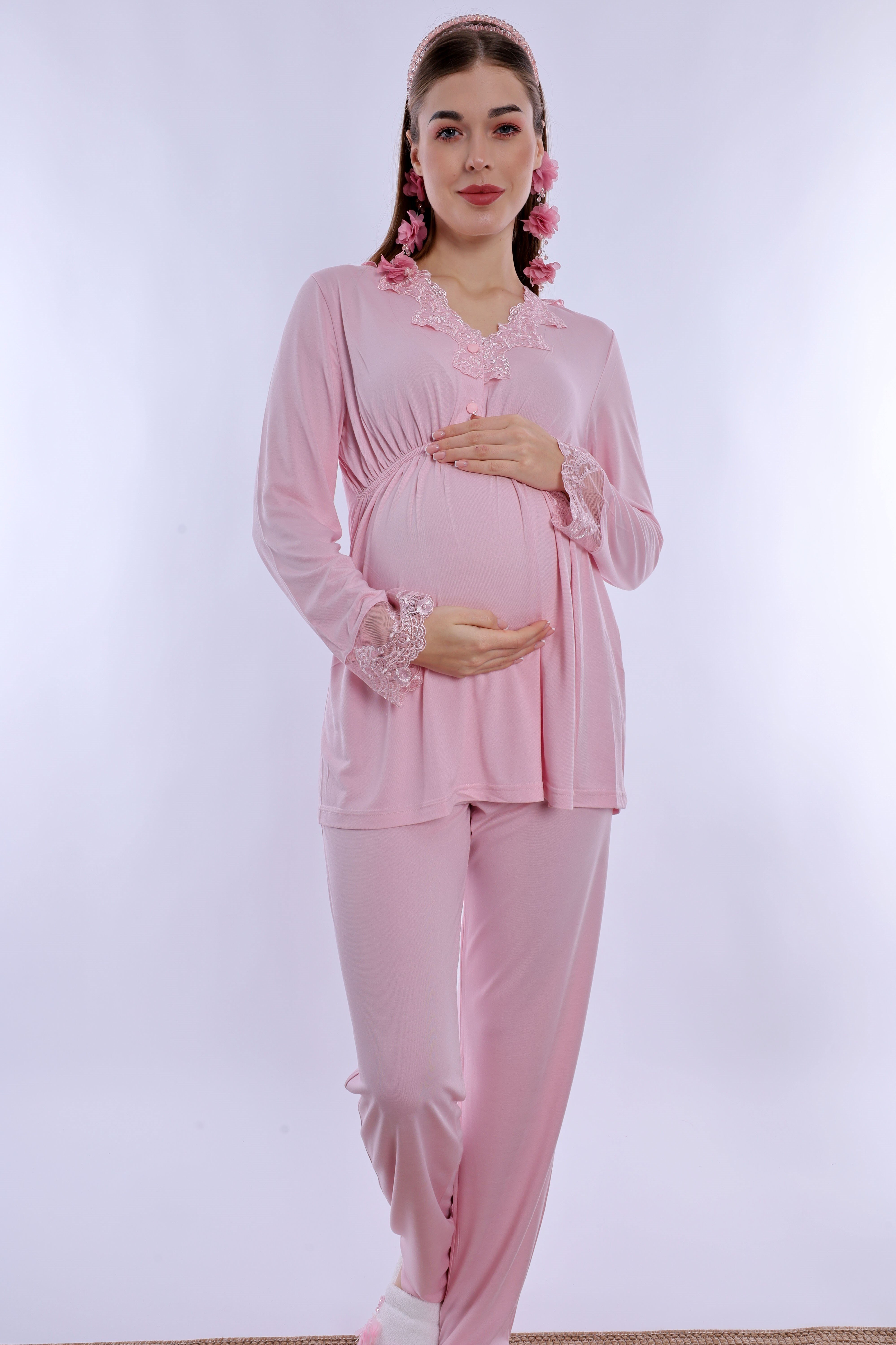 280922 Ayarlanabilir Bel Lastikli Pamuklu Hamile Pijama Takımı - Pudra