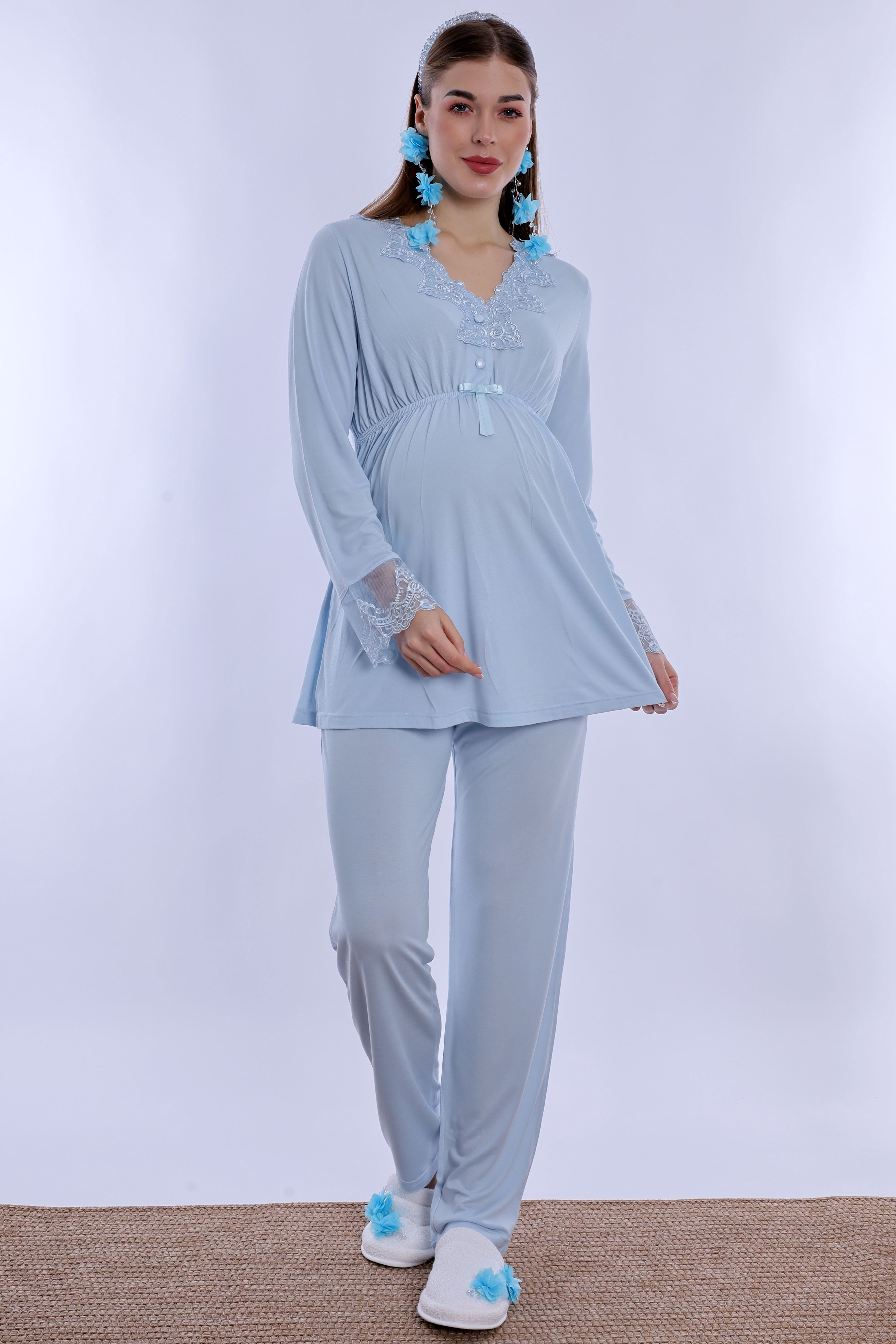 280922 Ayarlanabilir Bel Lastikli Pamuklu Hamile Pijama Takımı - Mavi