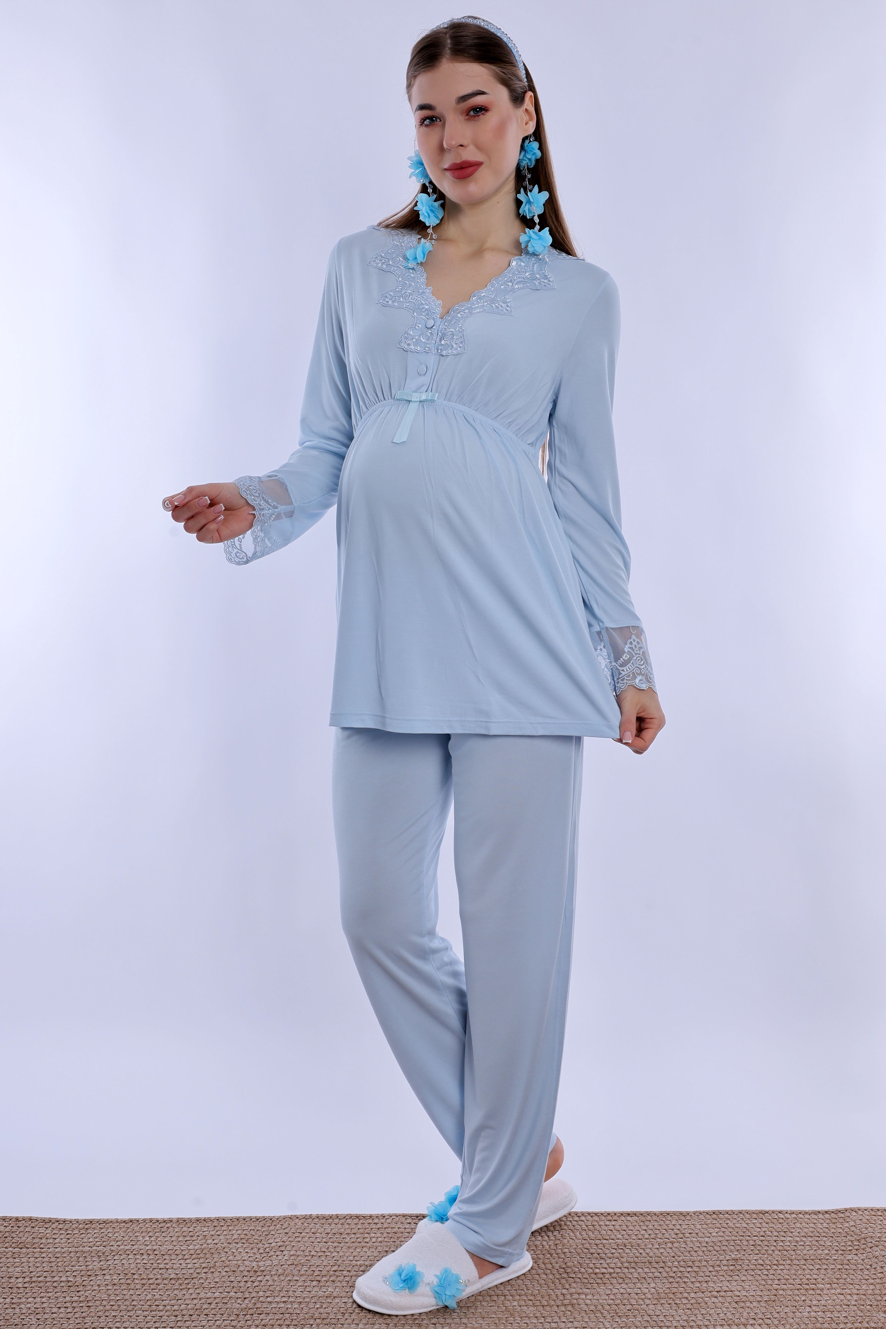 280922 Ayarlanabilir Bel Lastikli Pamuklu Hamile Pijama Takımı - Mavi