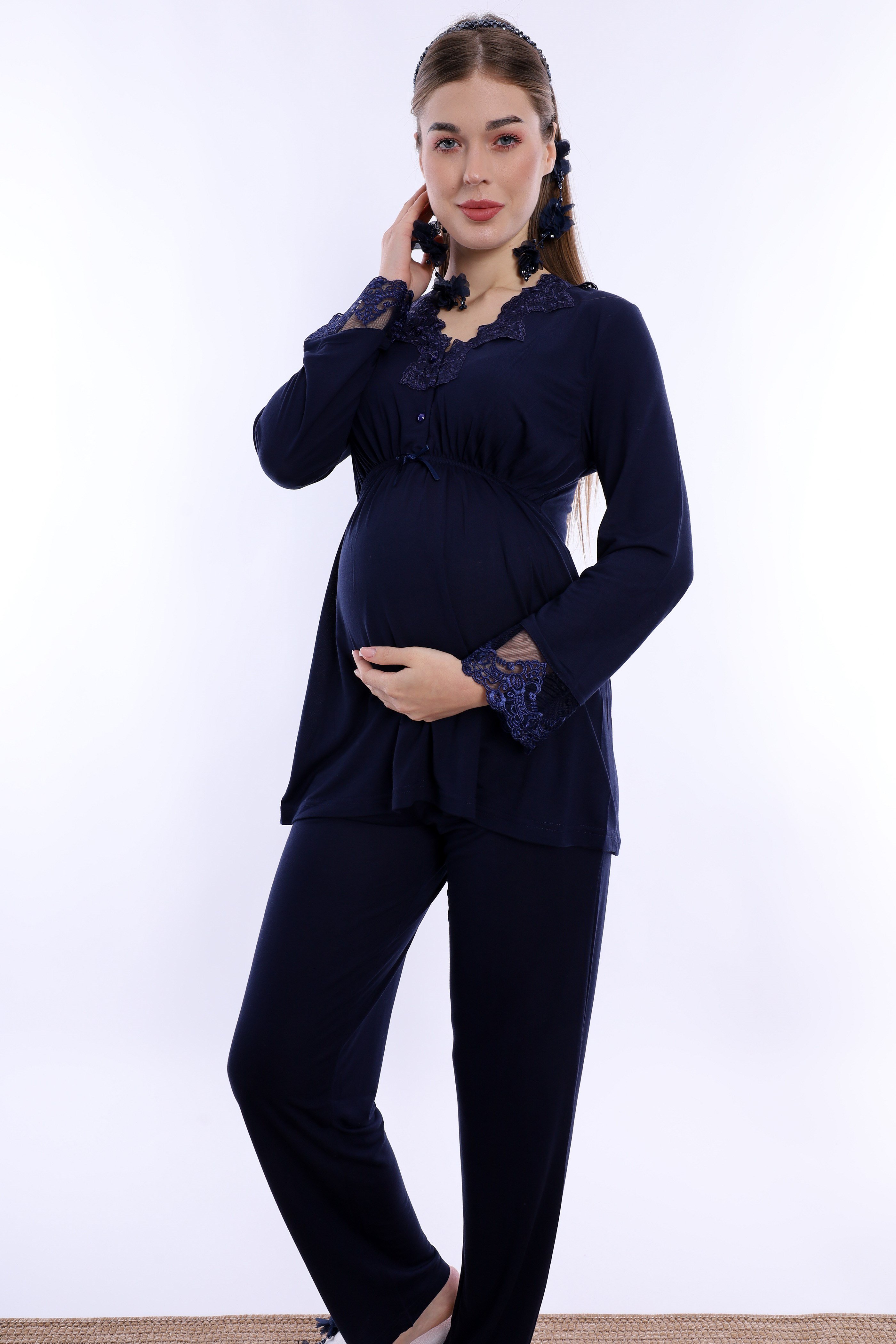 280922 Ayarlanabilir Bel Lastikli Pamuklu Hamile Pijama Takımı - Lacivert