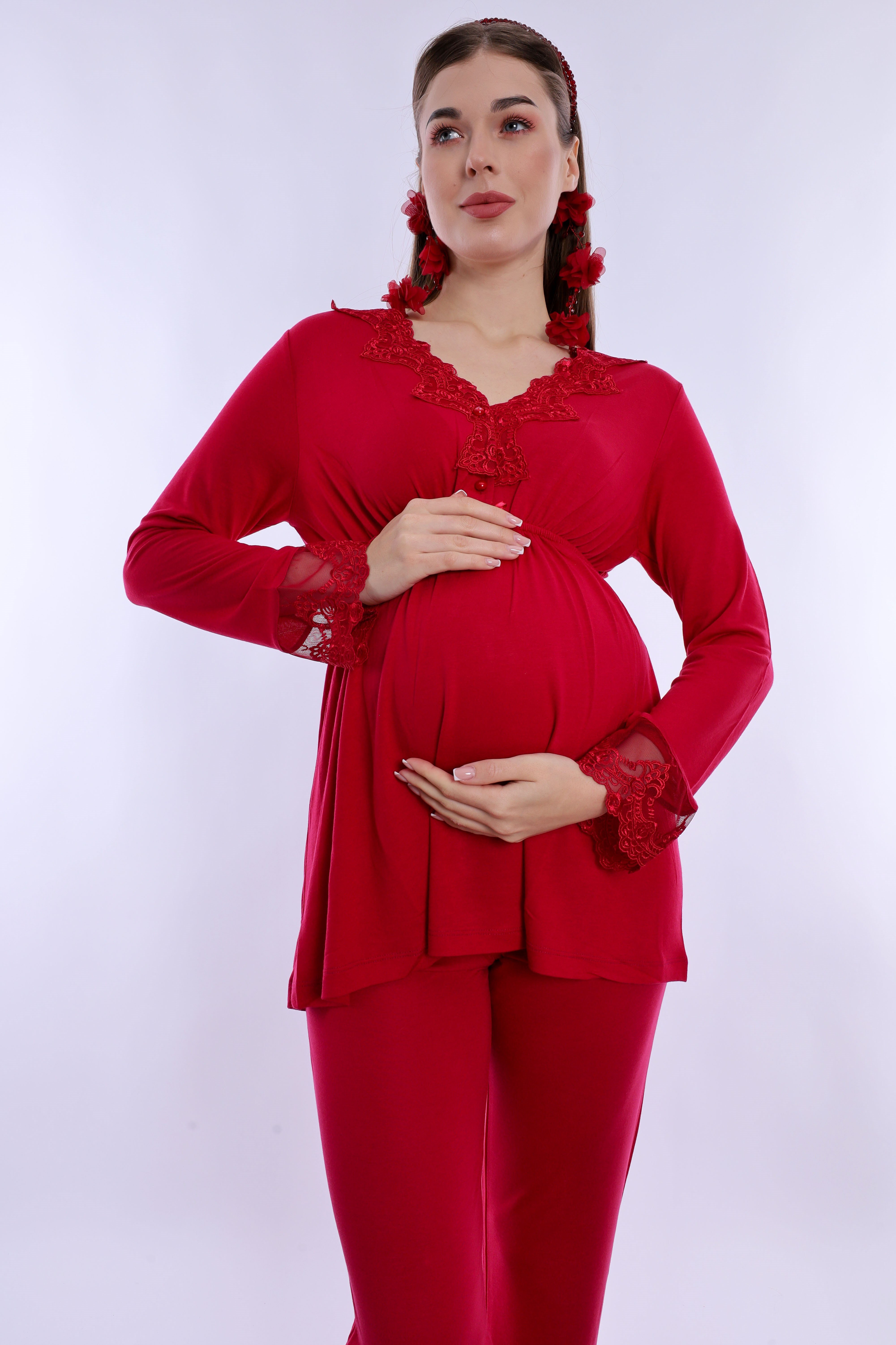 280922 Ayarlanabilir Bel Lastikli Pamuklu Hamile Pijama Takımı - Vişne