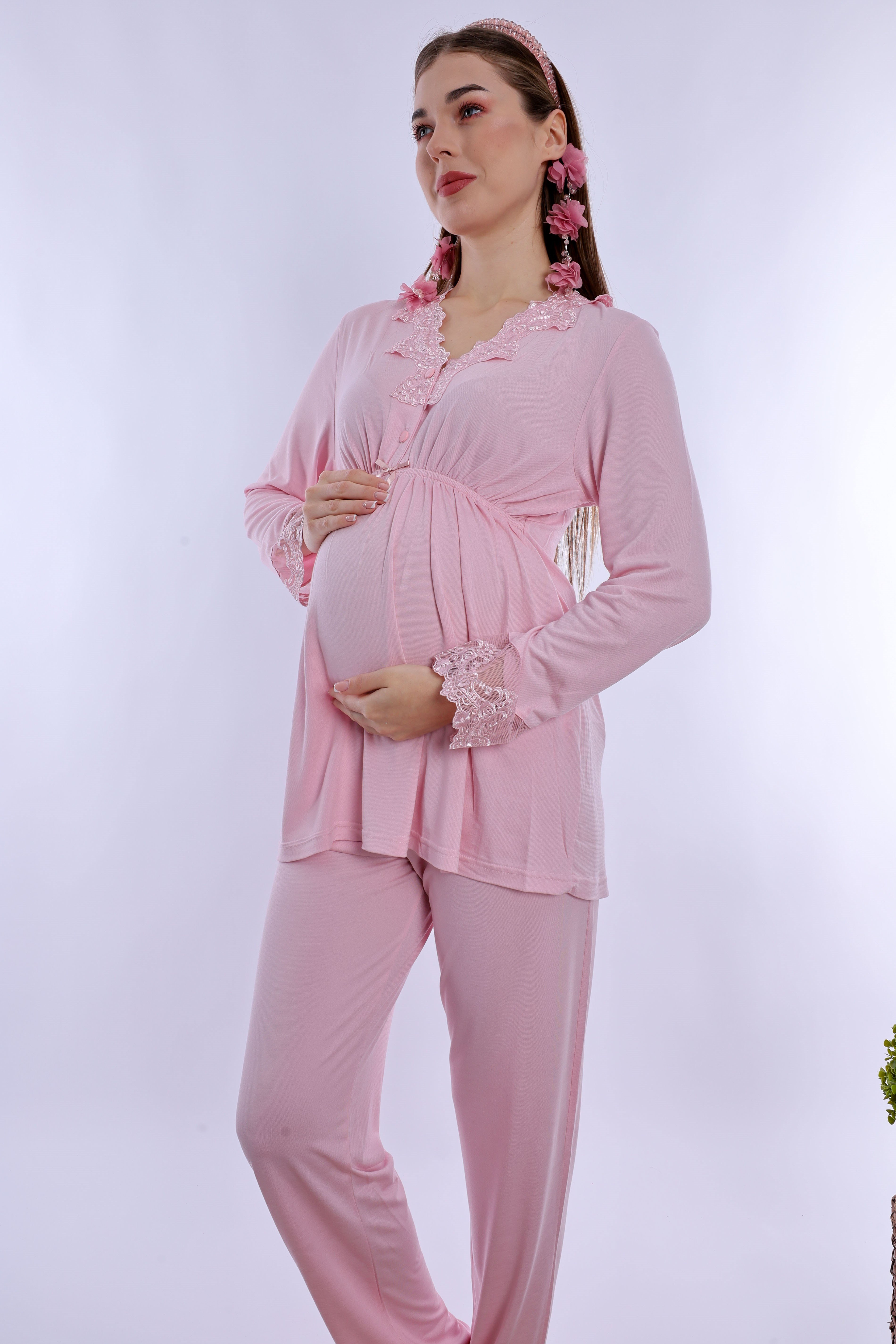 280922 Ayarlanabilir Bel Lastikli Pamuklu Hamile Pijama Takımı - Pudra