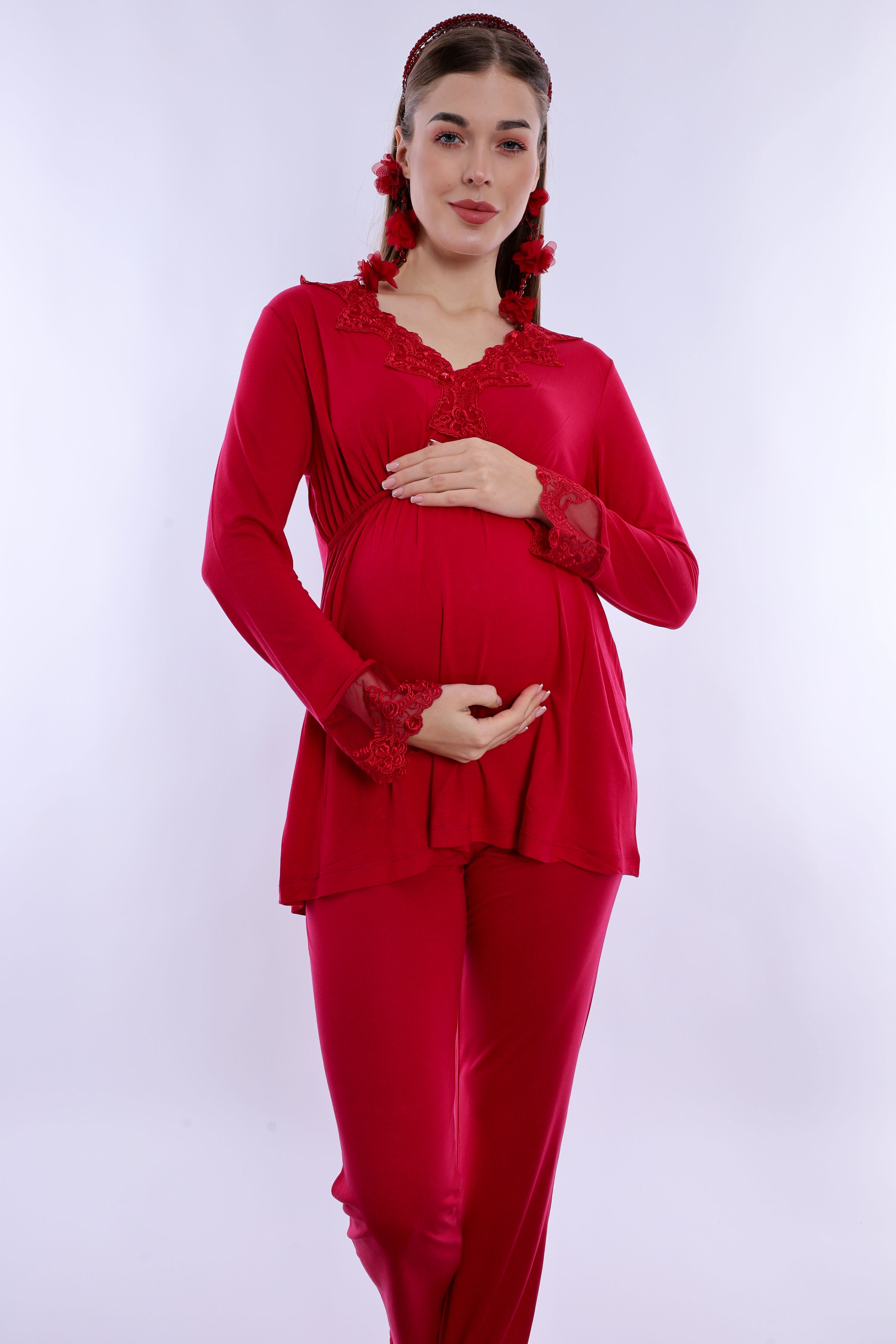 280922 Ayarlanabilir Bel Lastikli Pamuklu Hamile Pijama Takımı - Vişne