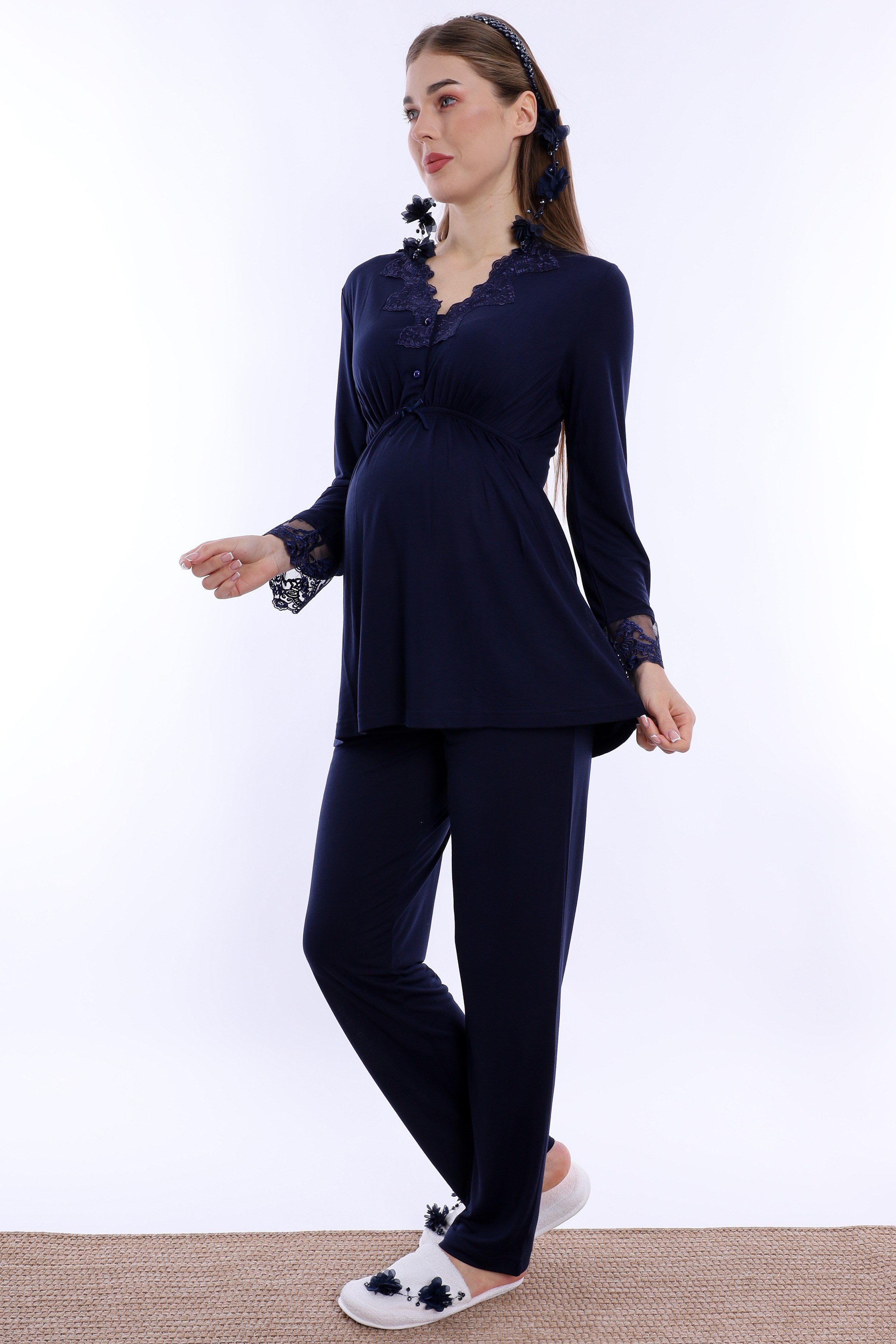280922 Ayarlanabilir Bel Lastikli Pamuklu Hamile Pijama Takımı - Lacivert