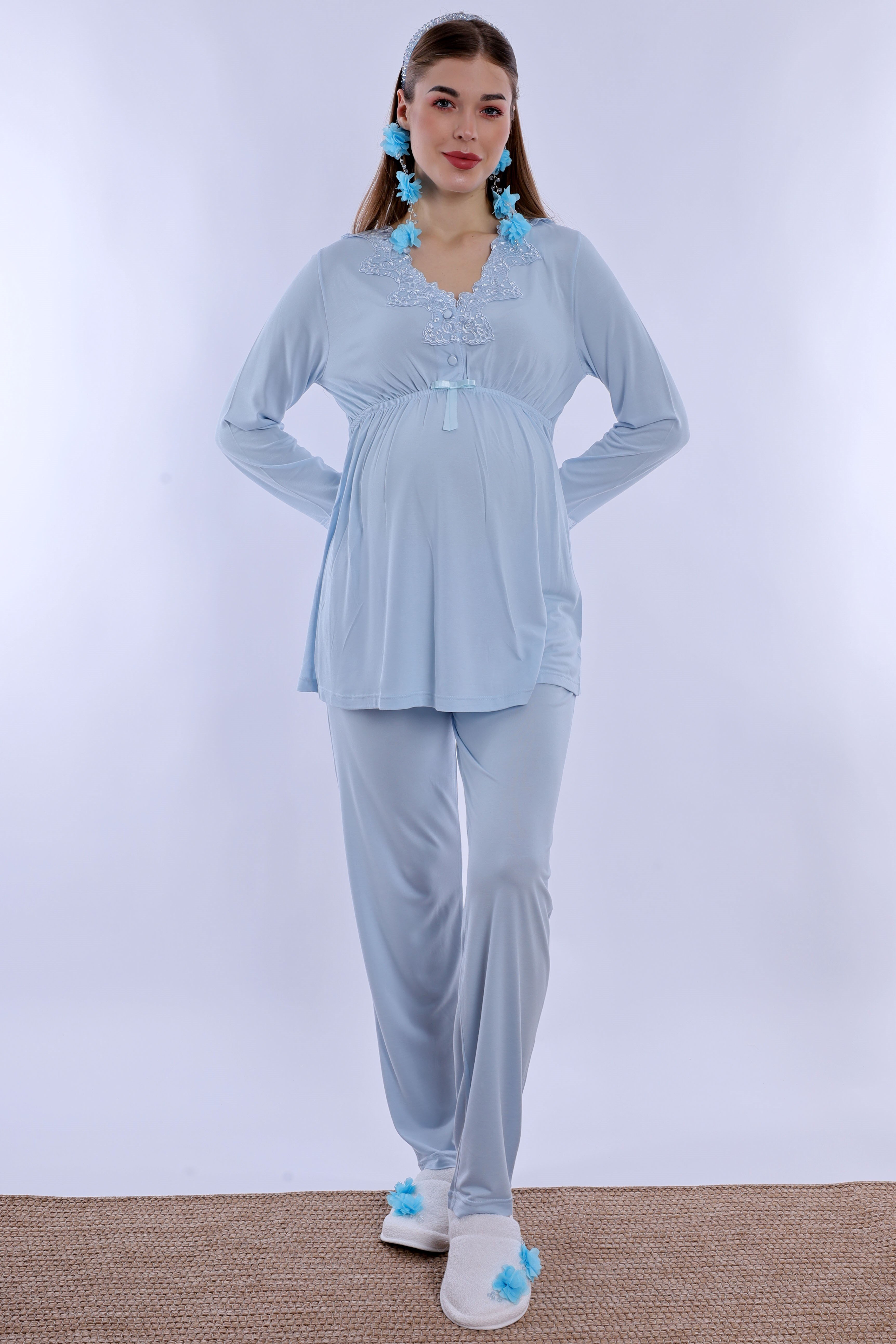 280922 Ayarlanabilir Bel Lastikli Pamuklu Hamile Pijama Takımı - Mavi