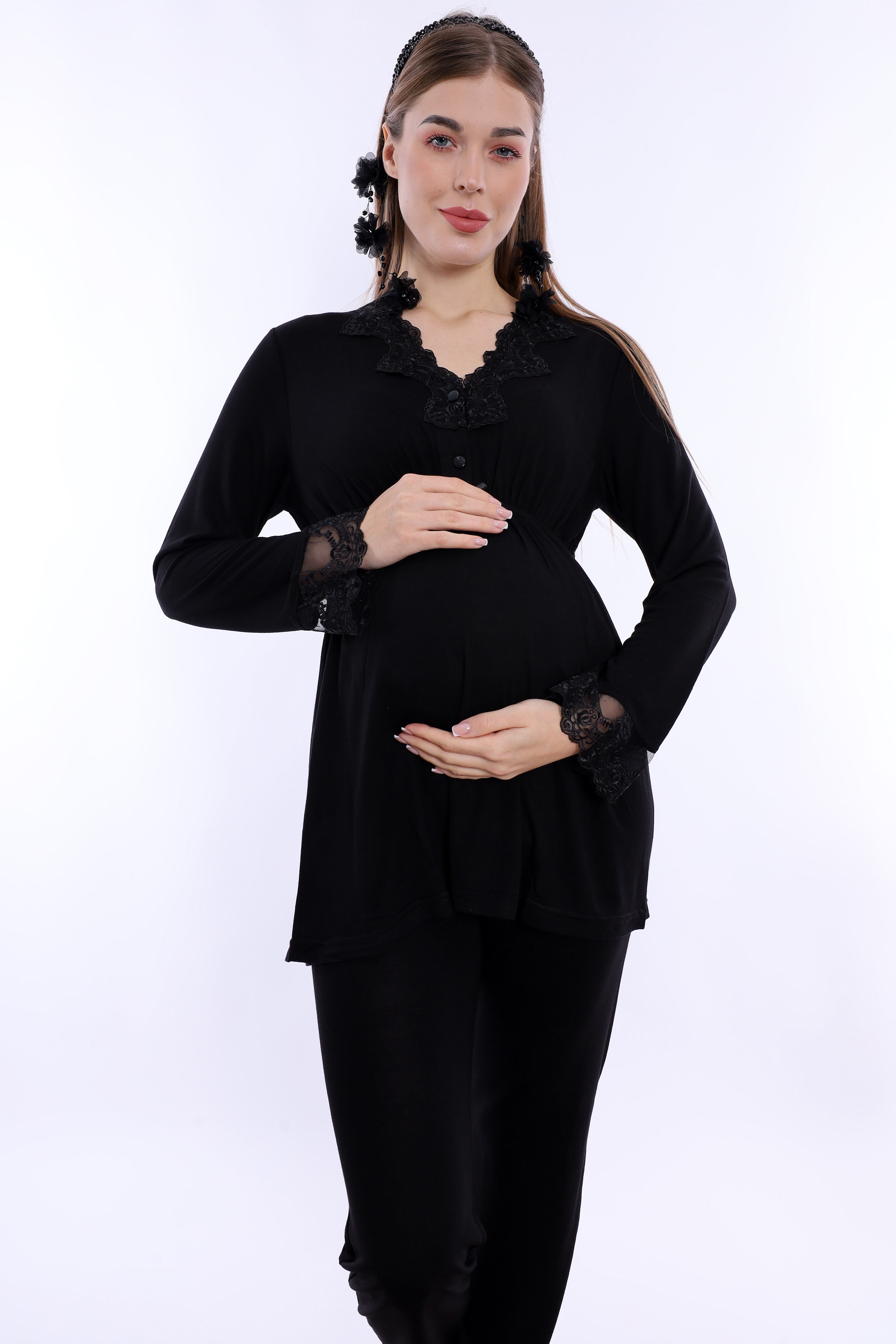 280922 Ayarlanabilir Bel Lastikli Pamuklu Hamile Pijama Takımı - Siyah