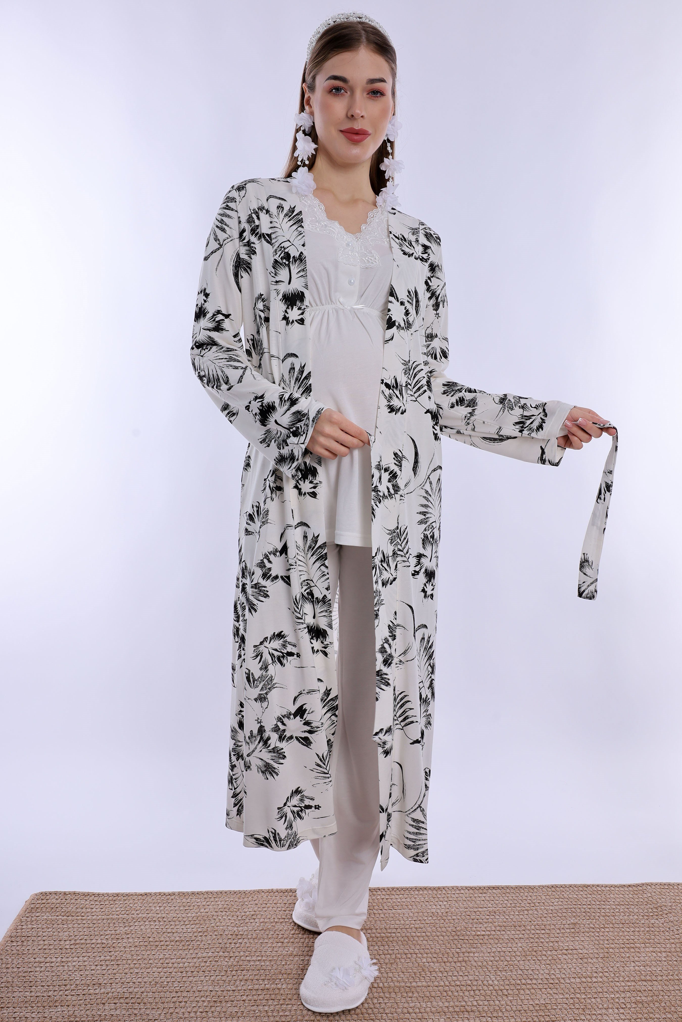 280942 Emzirme Özellikli Sabahlıklı Hamile Lohusa Pijama Takımı - Ekru