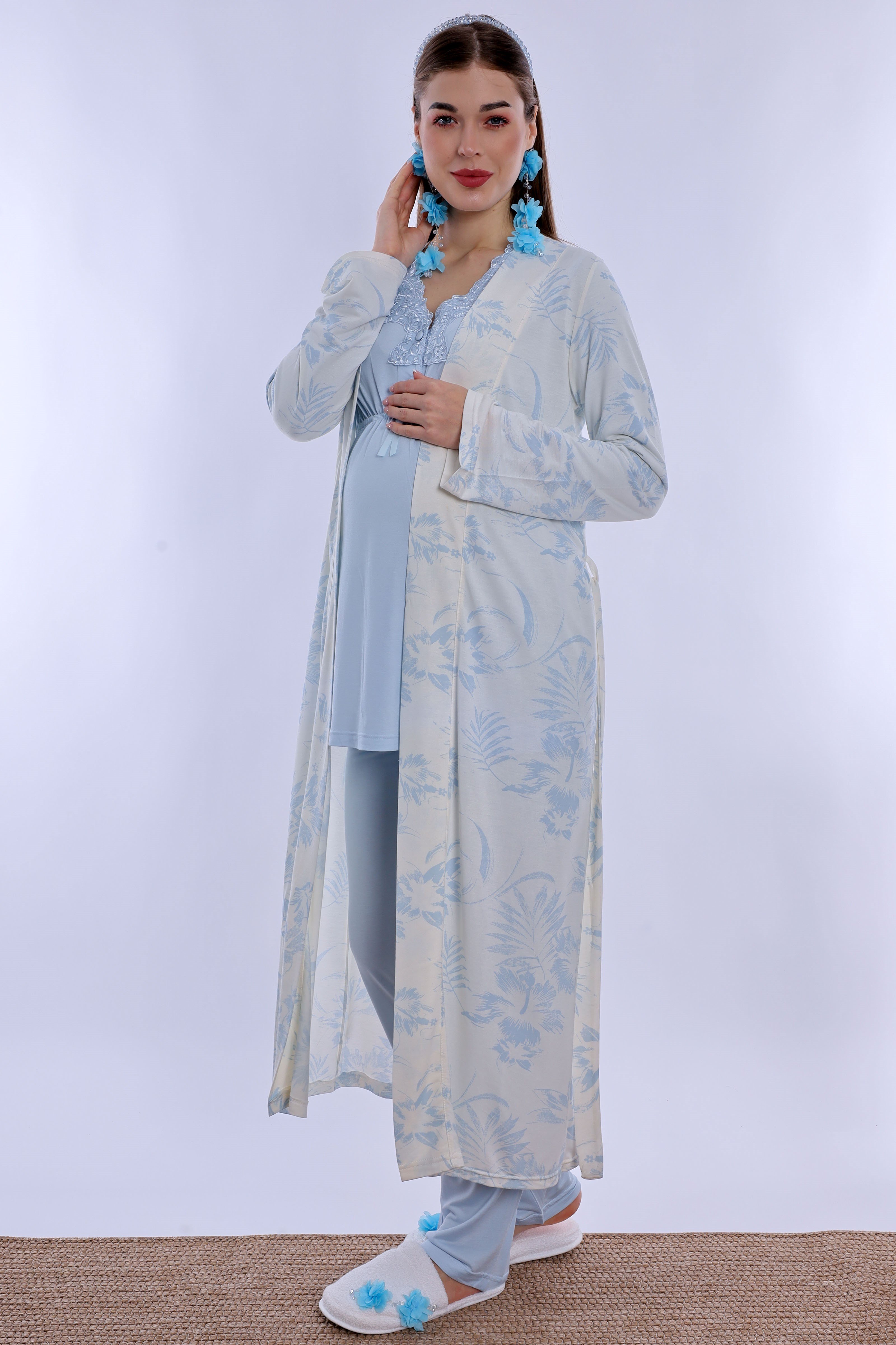 280942 Emzirme Özellikli Sabahlıklı Hamile Lohusa Pijama Takımı - Mavi