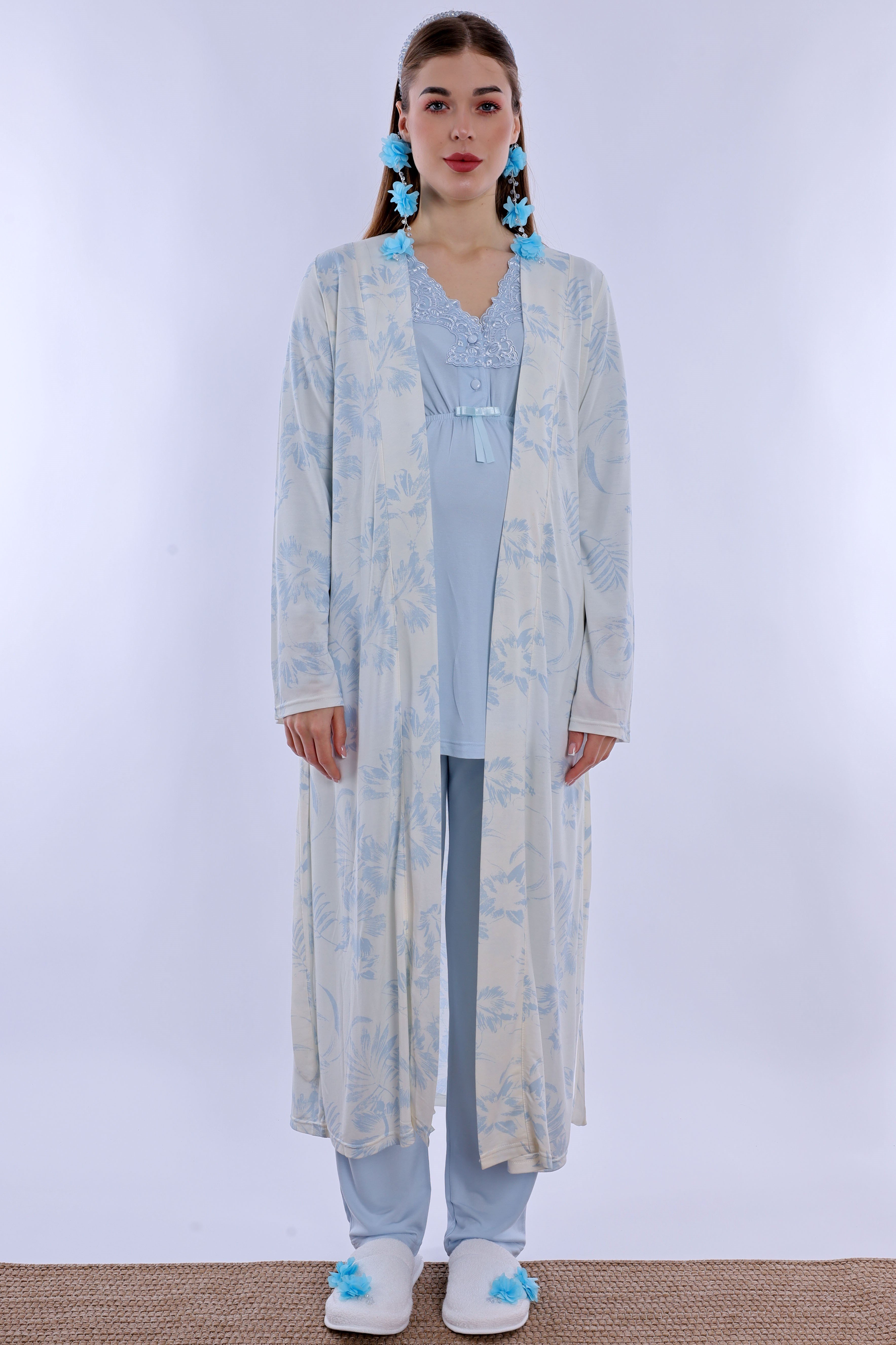 280942 Emzirme Özellikli Sabahlıklı Hamile Lohusa Pijama Takımı - Mavi