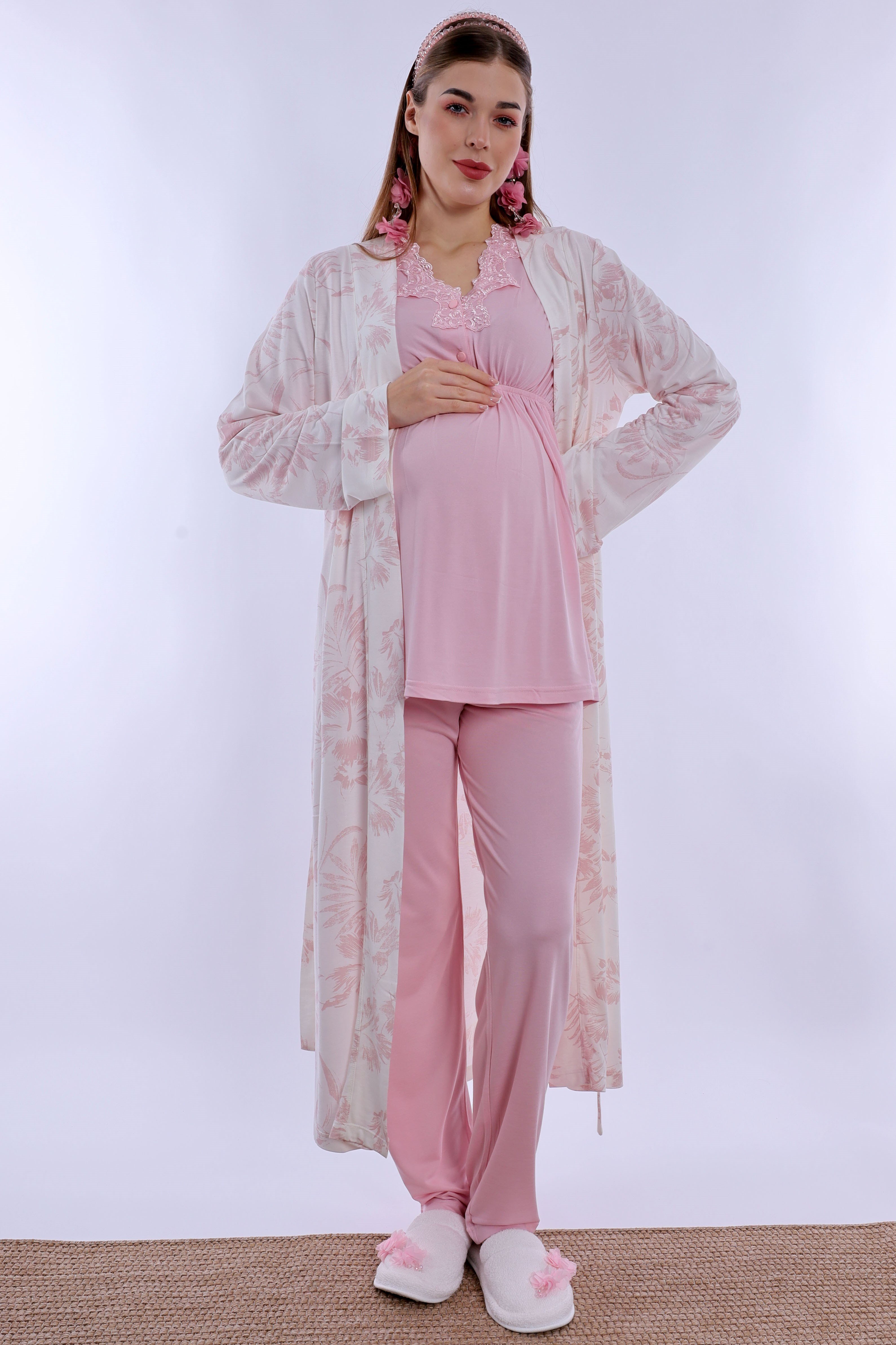 280942 Emzirme Özellikli Sabahlıklı Hamile Lohusa Pijama Takımı - Pudra