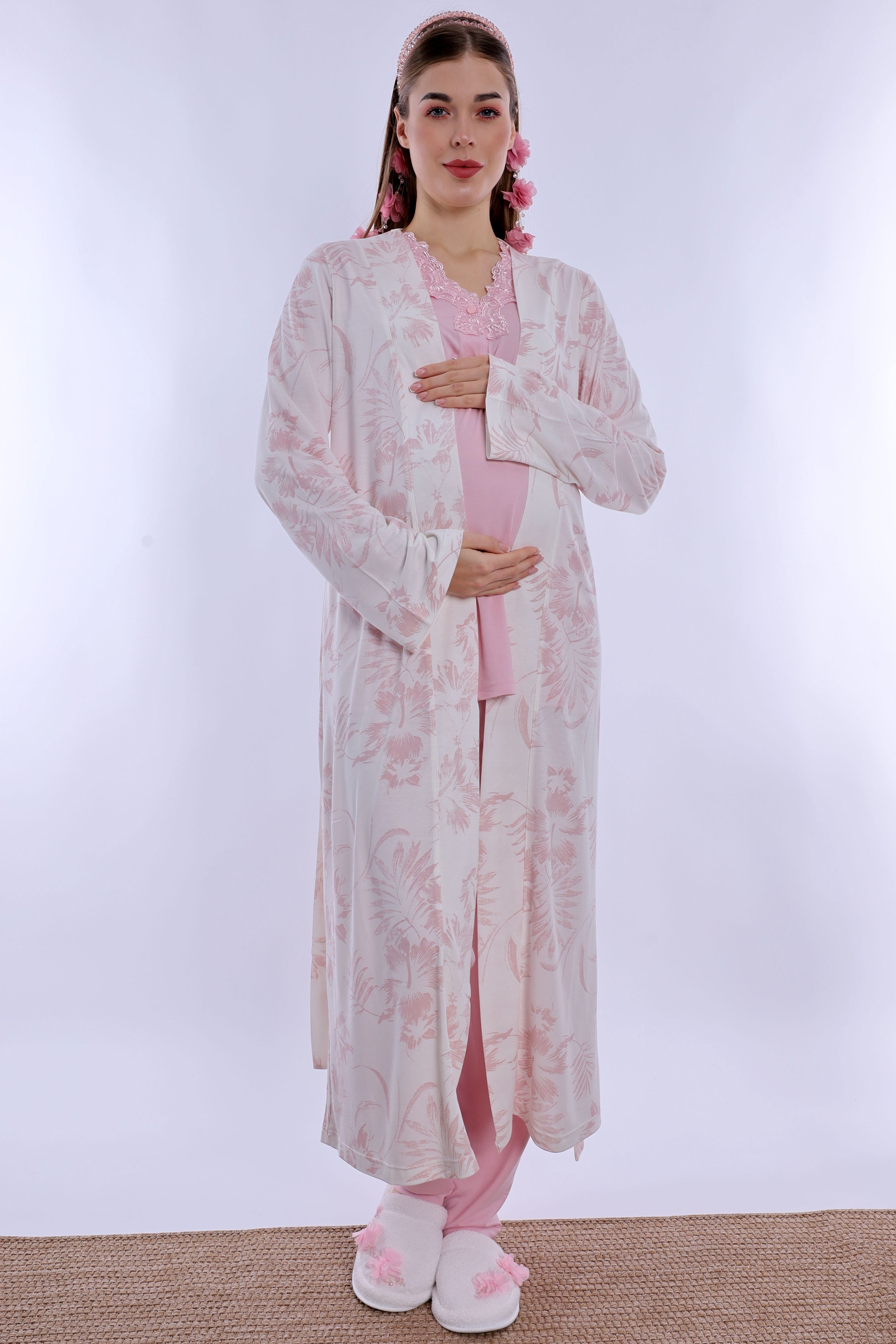 280942 Emzirme Özellikli Sabahlıklı Hamile Lohusa Pijama Takımı - Pudra