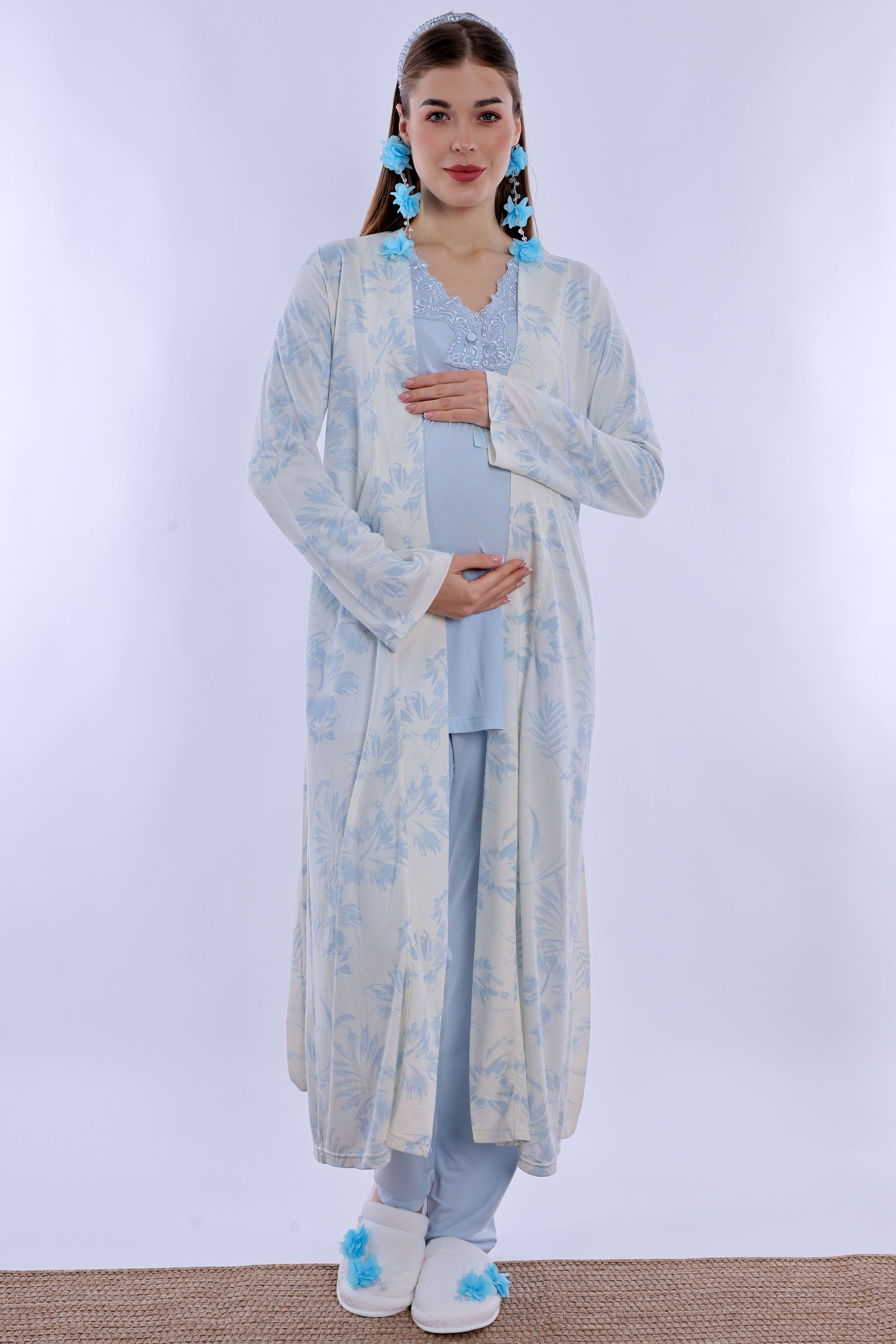 280942 Emzirme Özellikli Sabahlıklı Hamile Lohusa Pijama Takımı - Mavi