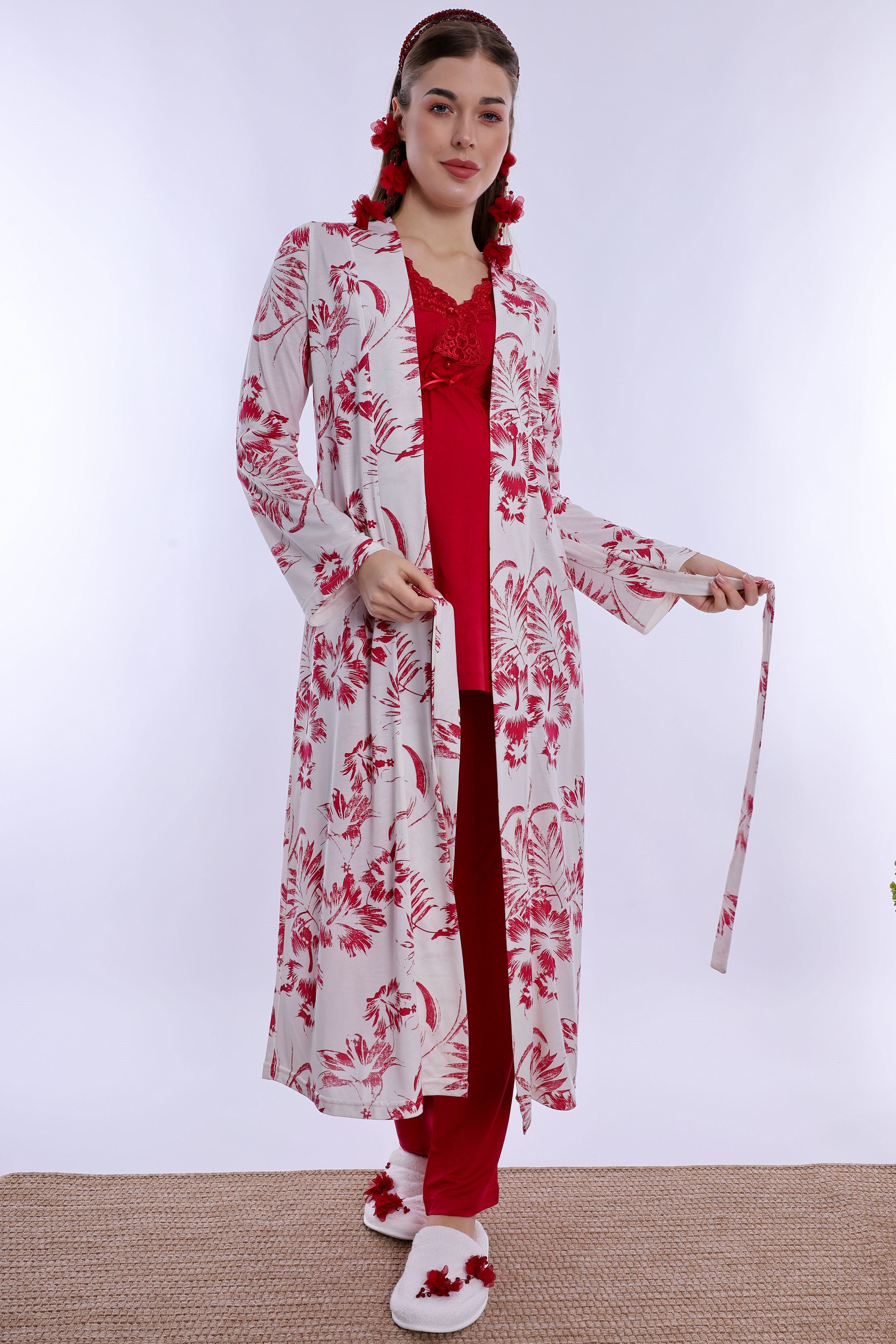280942 Emzirme Özellikli Sabahlıklı Hamile Lohusa Pijama Takımı - Vişne