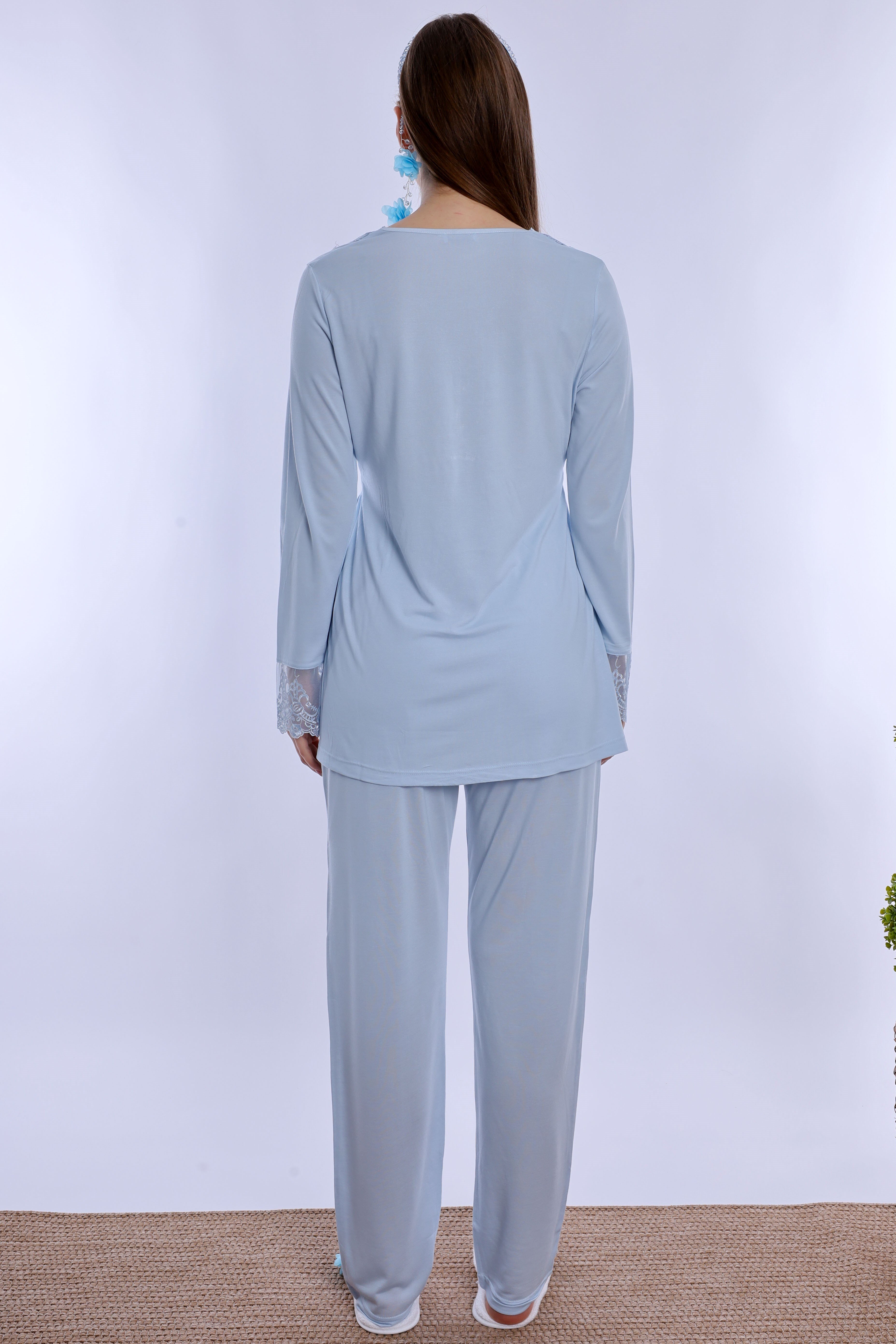 280942 Emzirme Özellikli Sabahlıklı Hamile Lohusa Pijama Takımı - Mavi