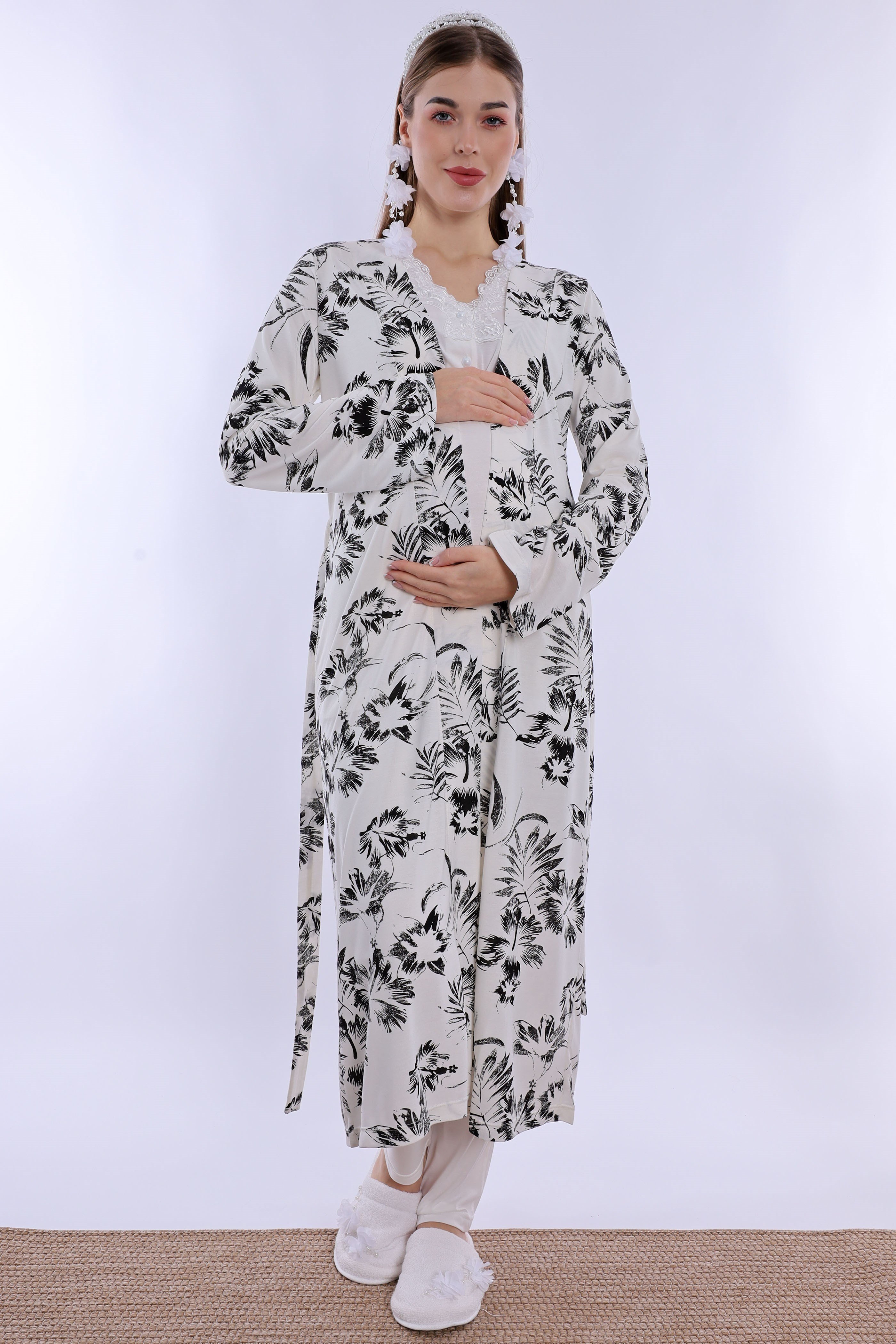 280942 Emzirme Özellikli Sabahlıklı Hamile Lohusa Pijama Takımı - Ekru