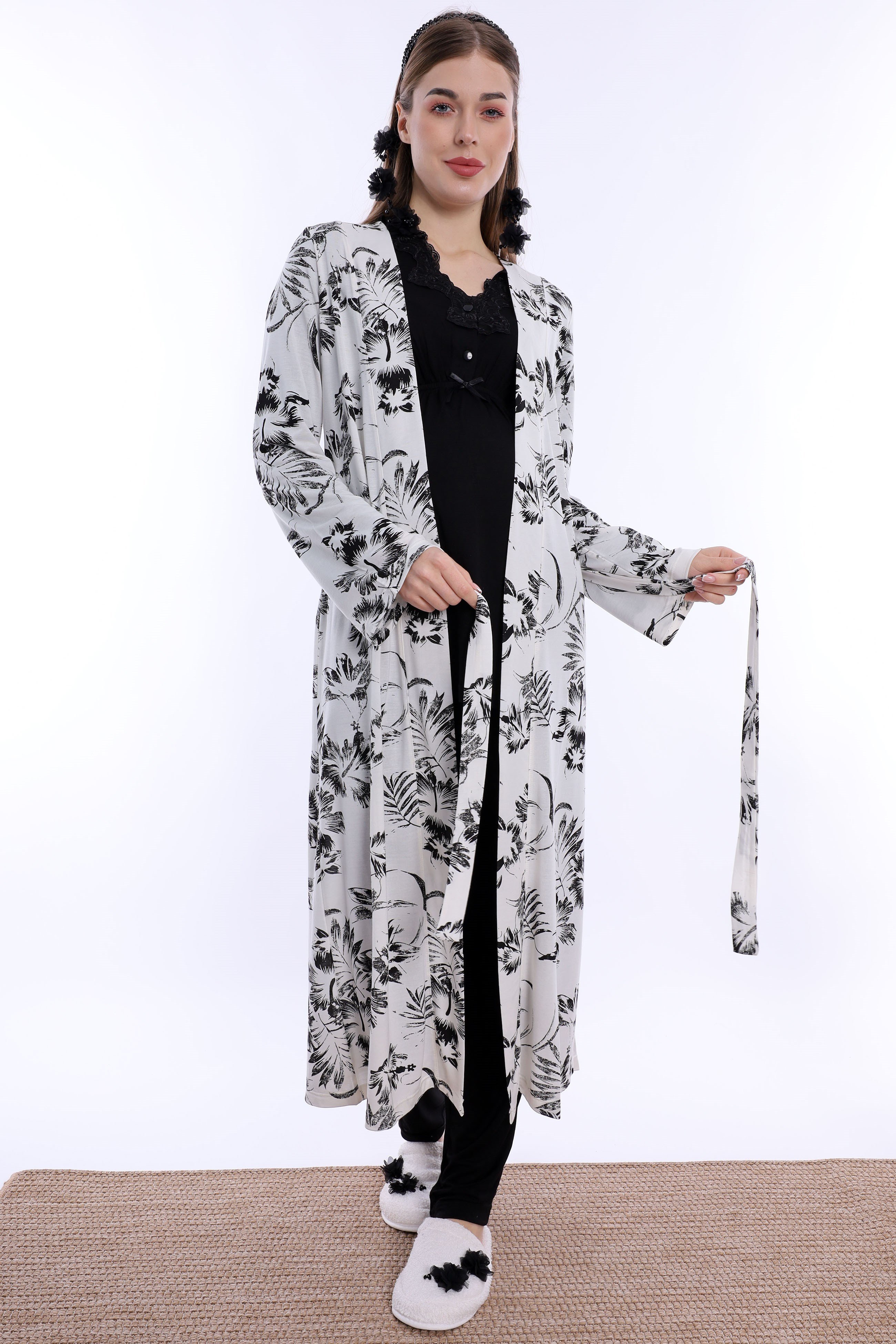 280942 Emzirme Özellikli Sabahlıklı Hamile Lohusa Pijama Takımı - Siyah