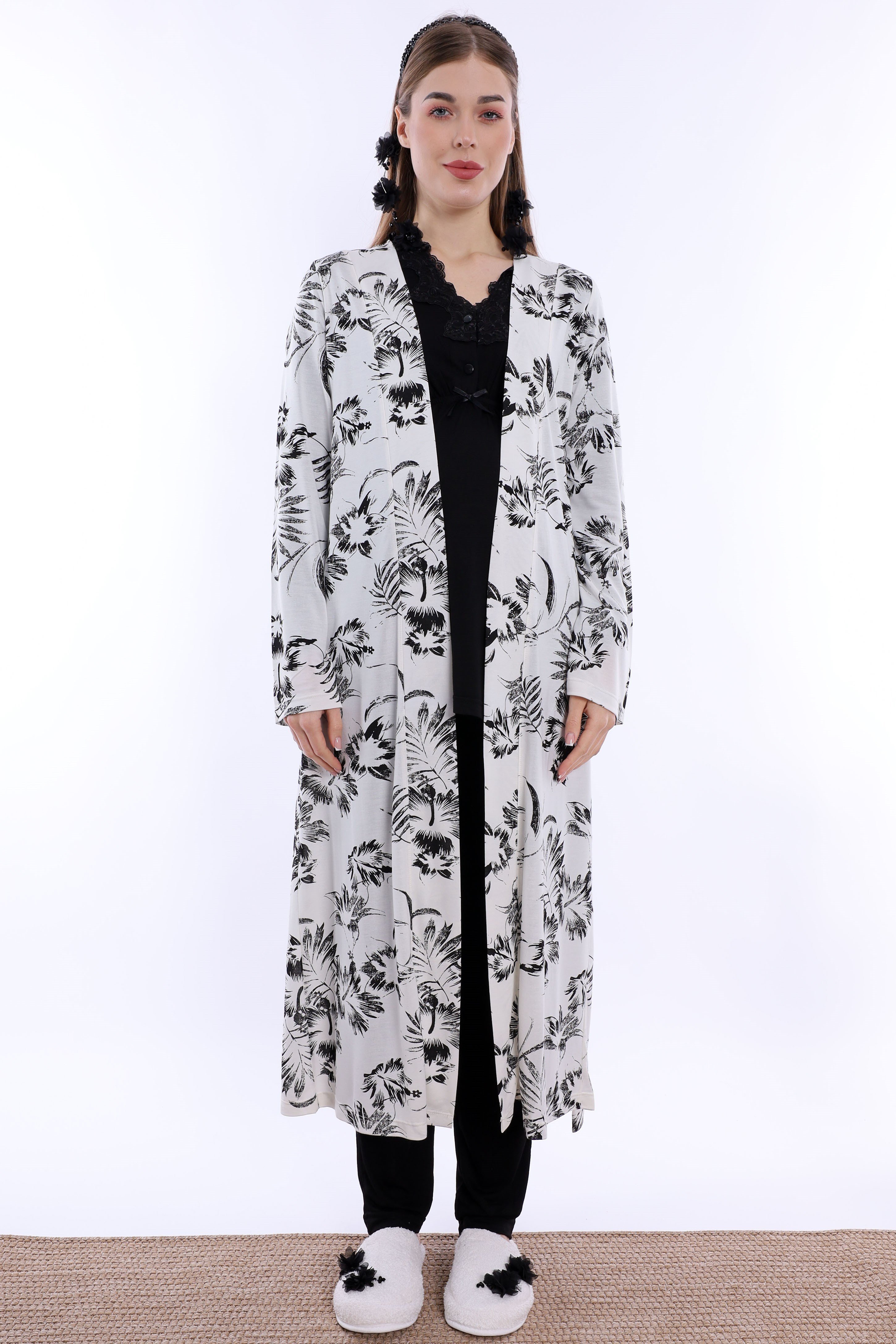280942 Emzirme Özellikli Sabahlıklı Hamile Lohusa Pijama Takımı - Siyah