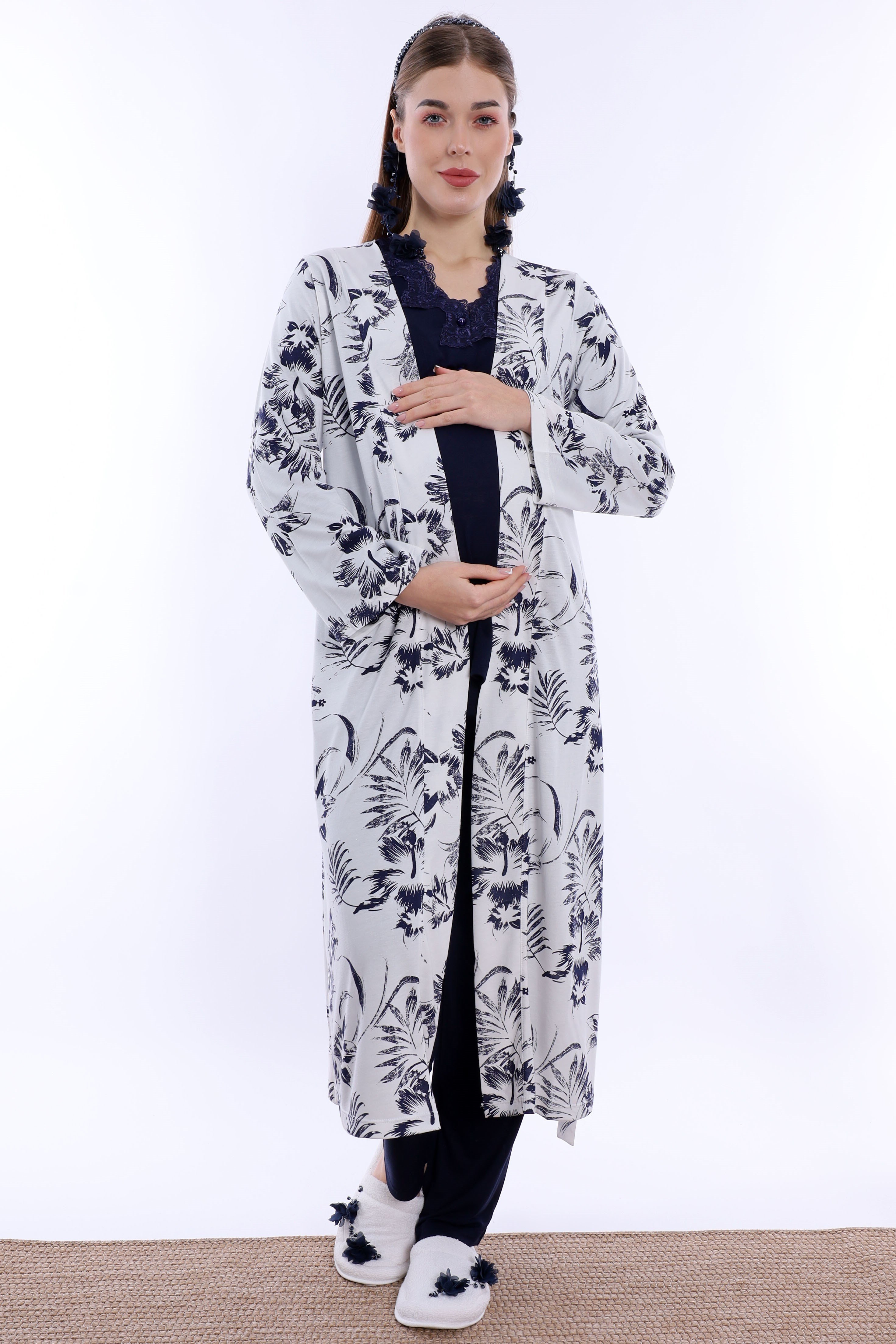 280942 Emzirme Özellikli Sabahlıklı Hamile Lohusa Pijama Takımı - Lacivert