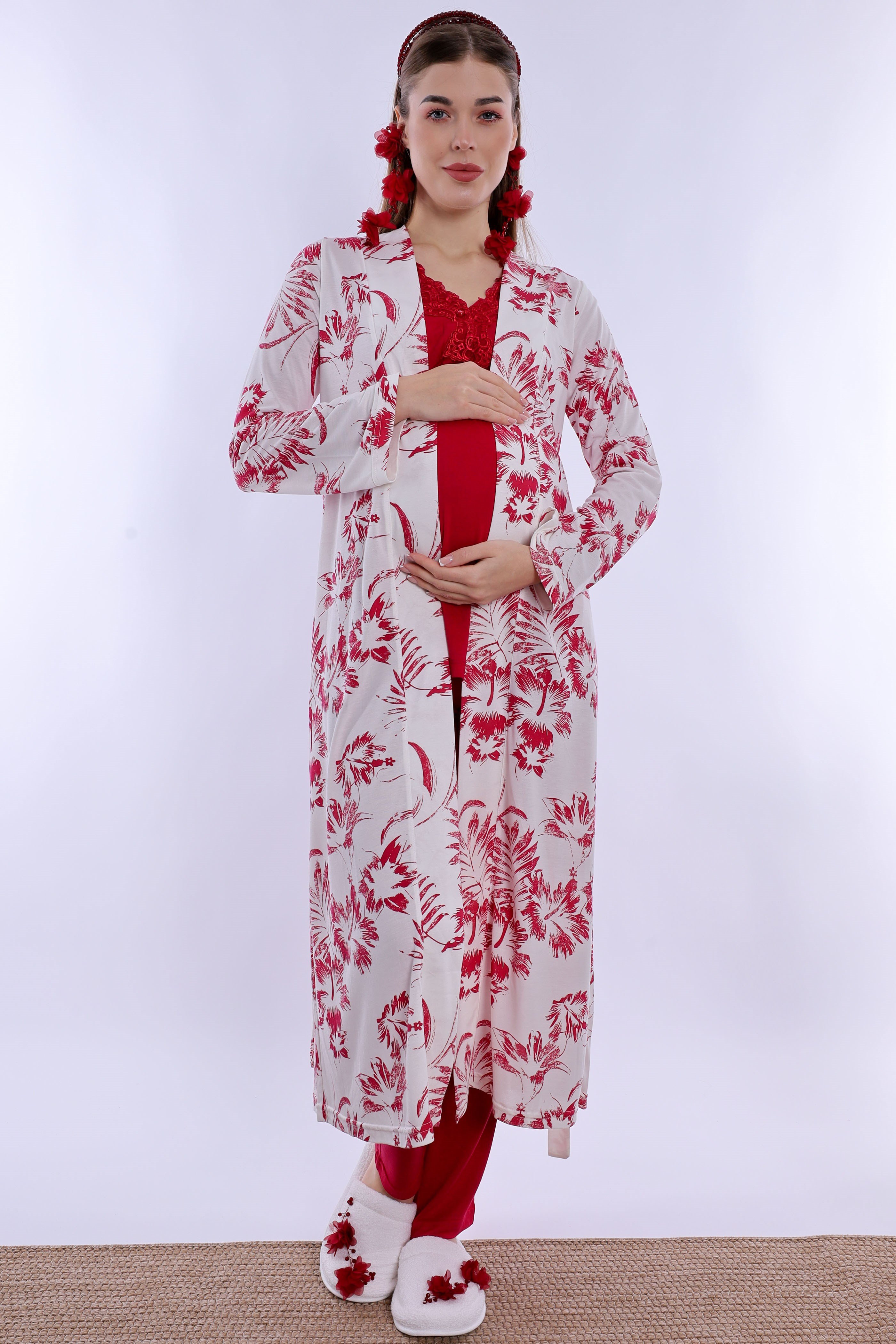 280942 Emzirme Özellikli Sabahlıklı Hamile Lohusa Pijama Takımı - Vişne