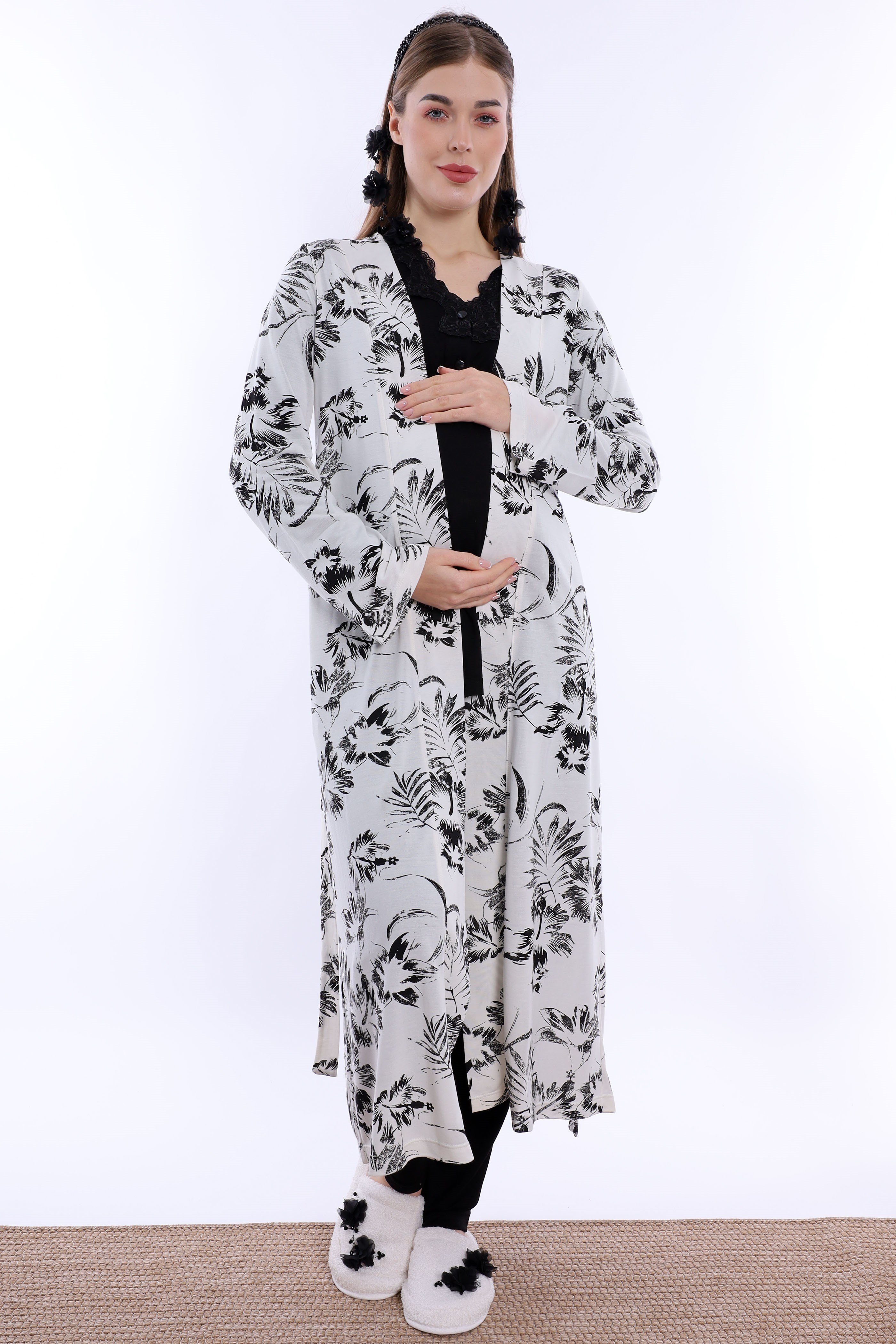 280942 Emzirme Özellikli Sabahlıklı Hamile Lohusa Pijama Takımı - Siyah