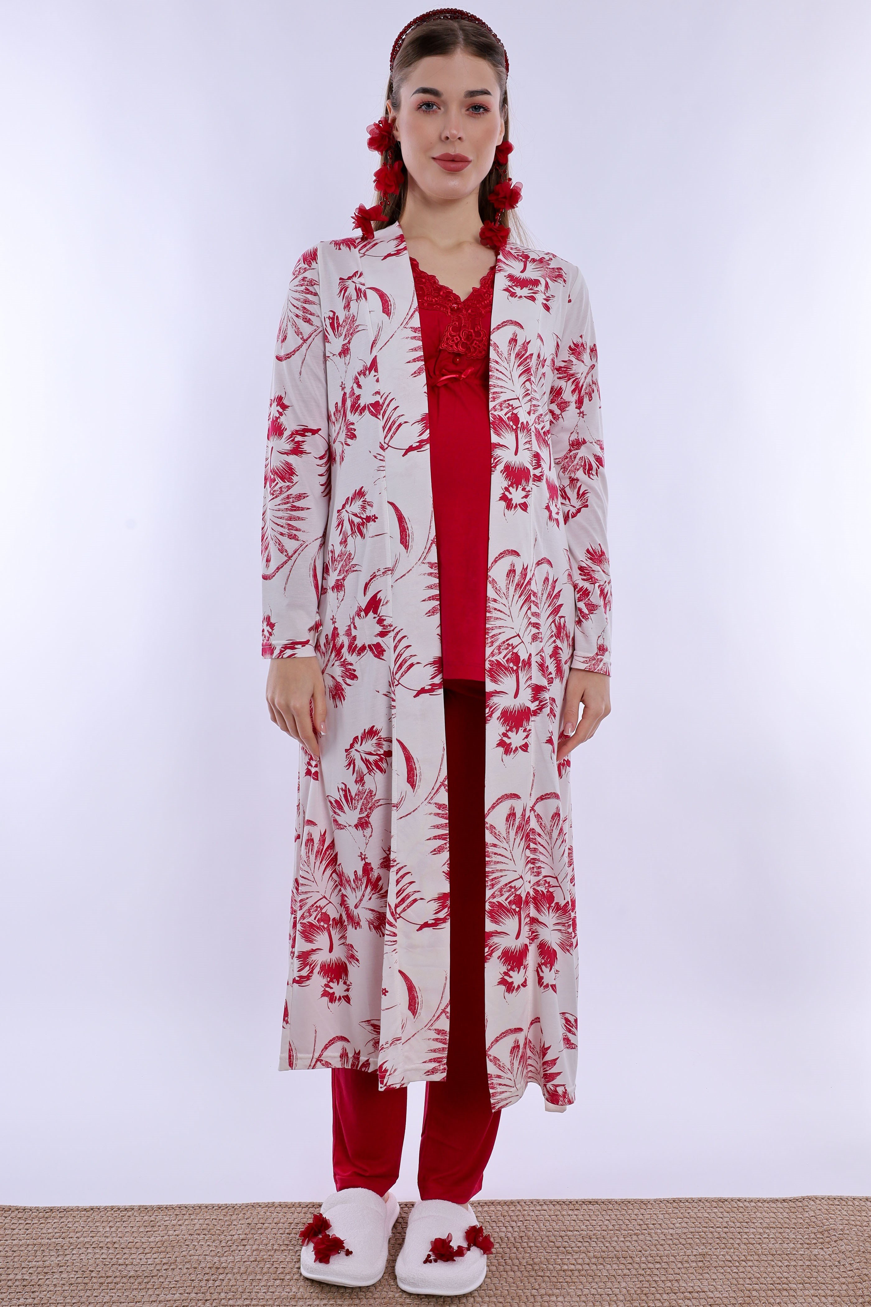 280942 Emzirme Özellikli Sabahlıklı Hamile Lohusa Pijama Takımı - Vişne