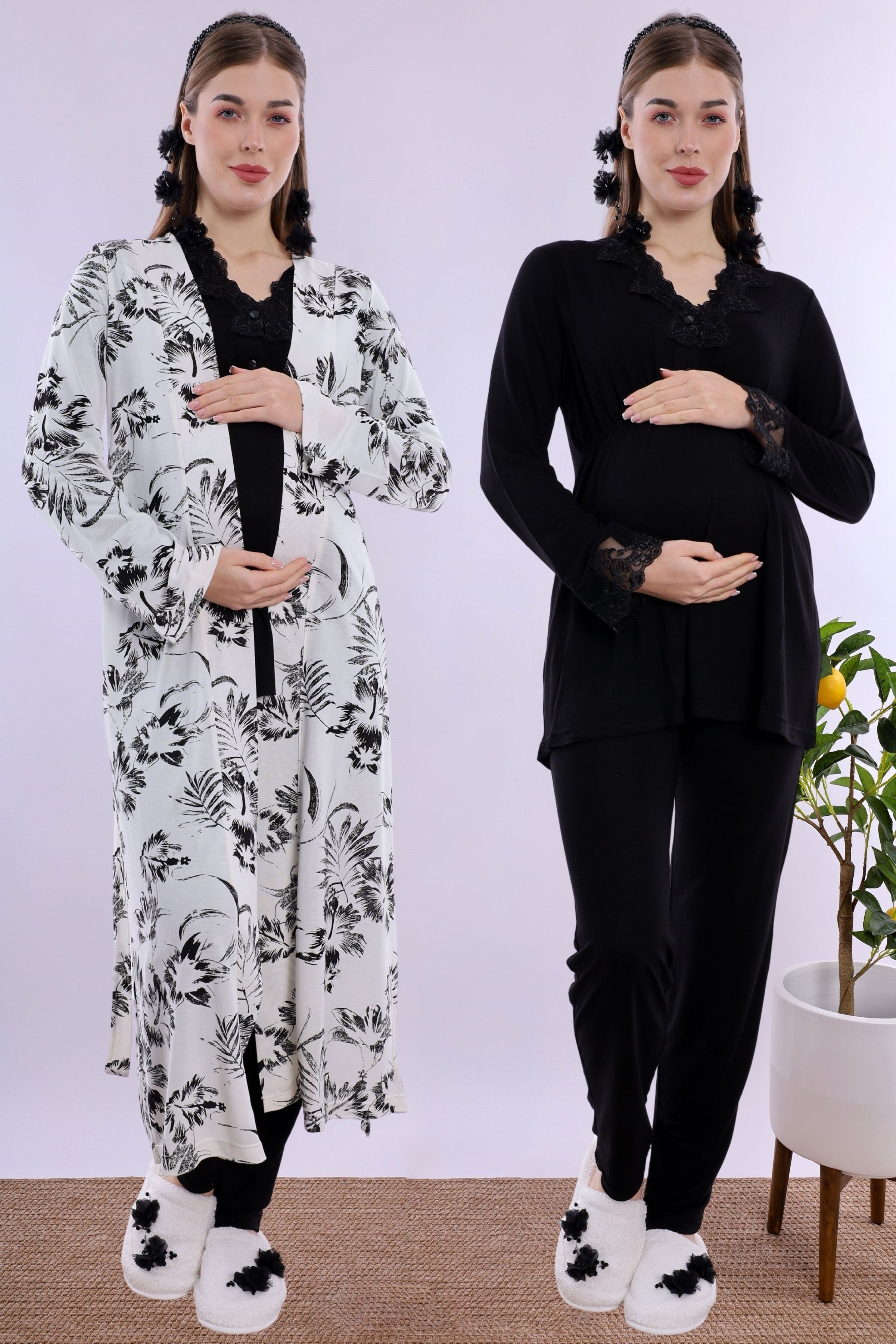 280942 Emzirme Özellikli Sabahlıklı Hamile Lohusa Pijama Takımı - Siyah