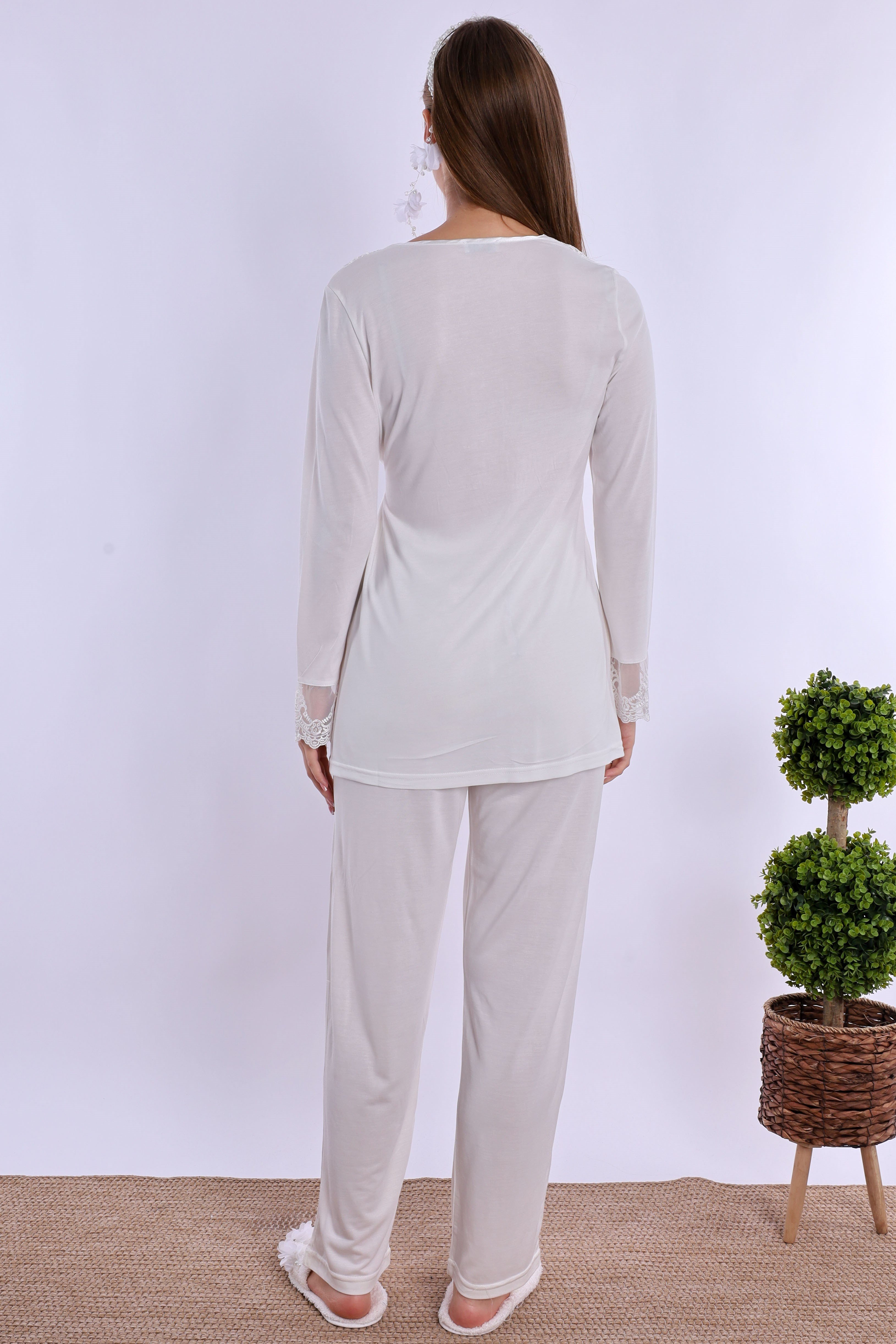 280942 Emzirme Özellikli Sabahlıklı Hamile Lohusa Pijama Takımı - Ekru