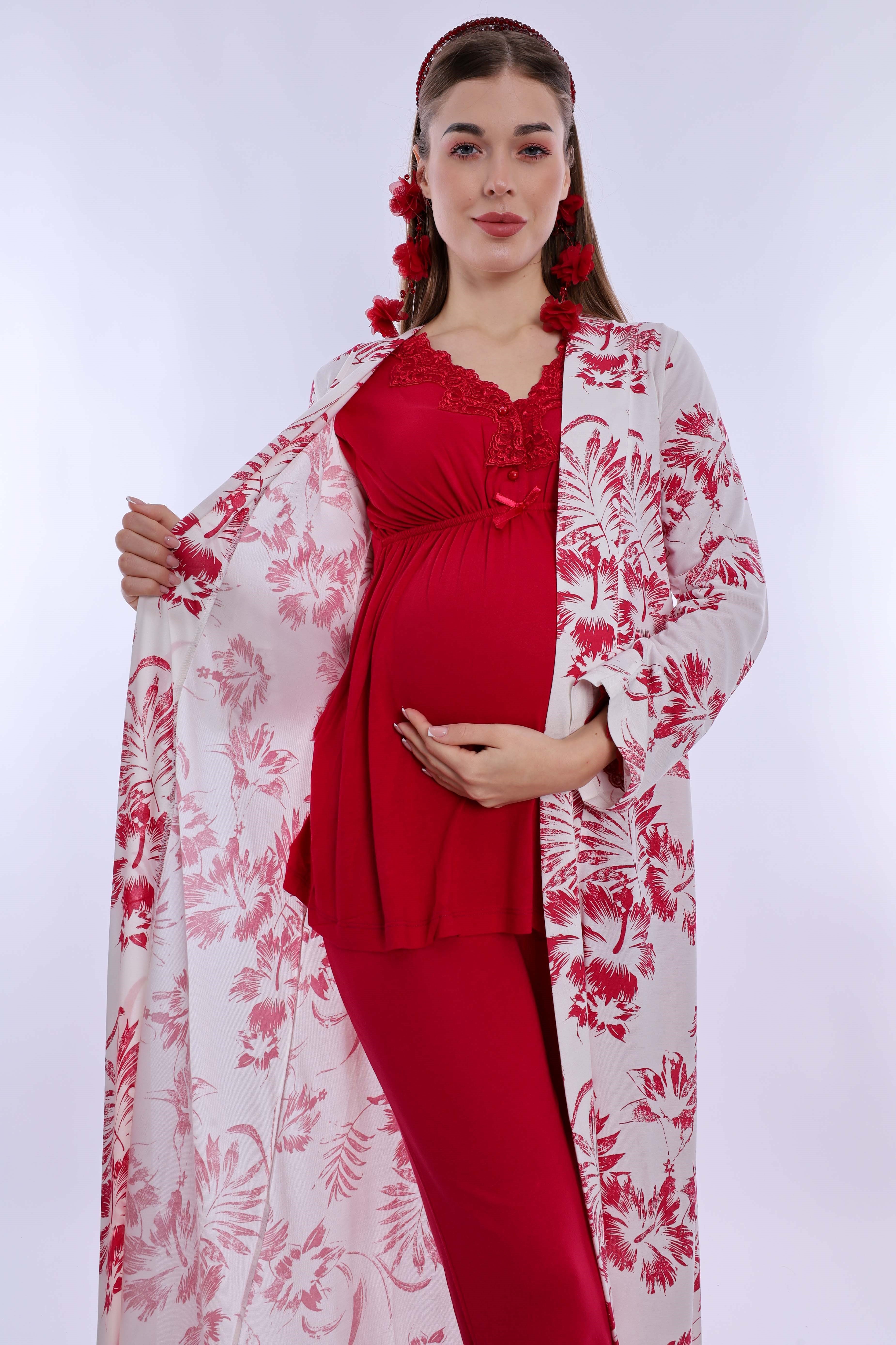 280942 Emzirme Özellikli Sabahlıklı Hamile Lohusa Pijama Takımı - Vişne