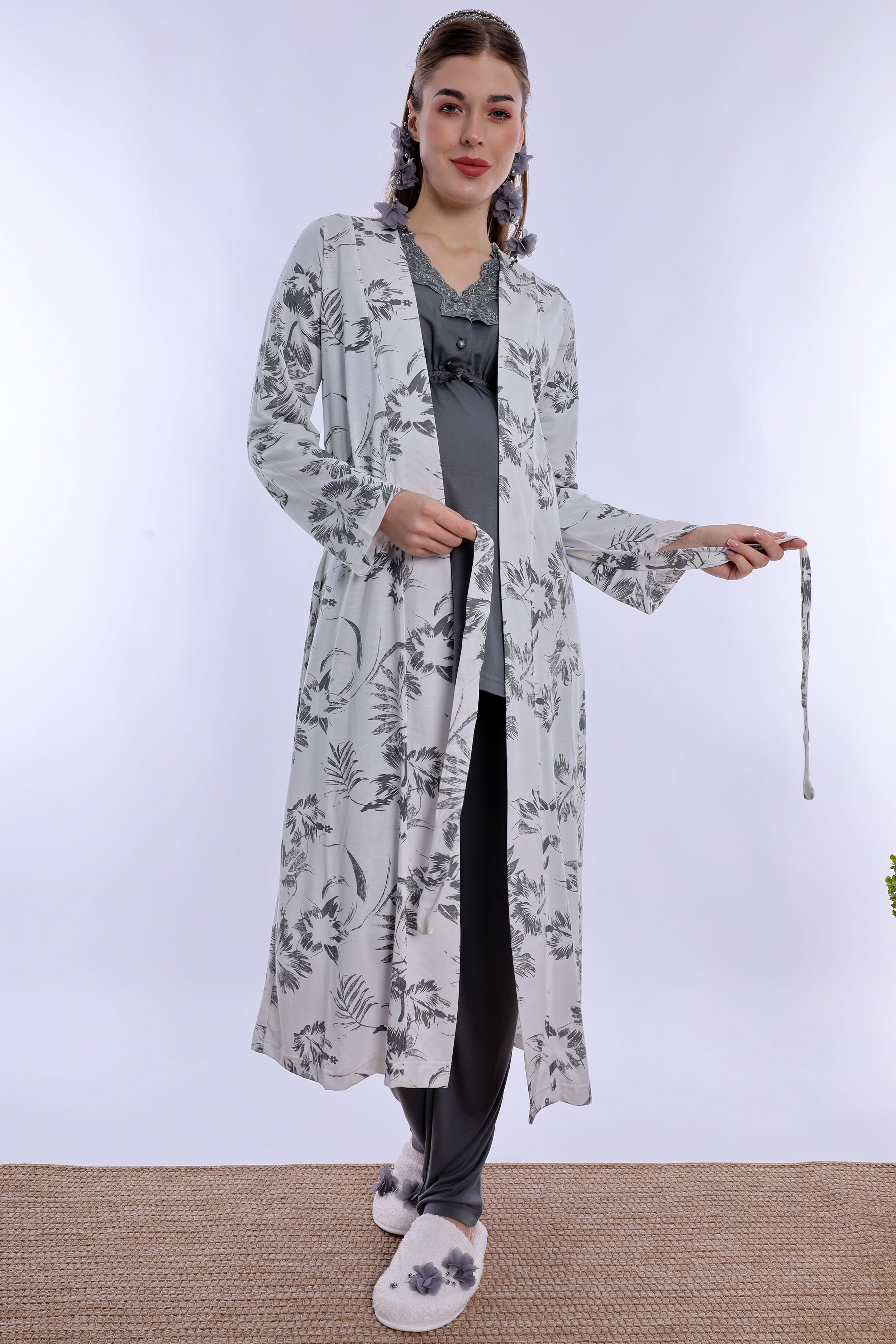 280942 Füme Sabahlıklı Hamile Lohusa Pijama Takımı