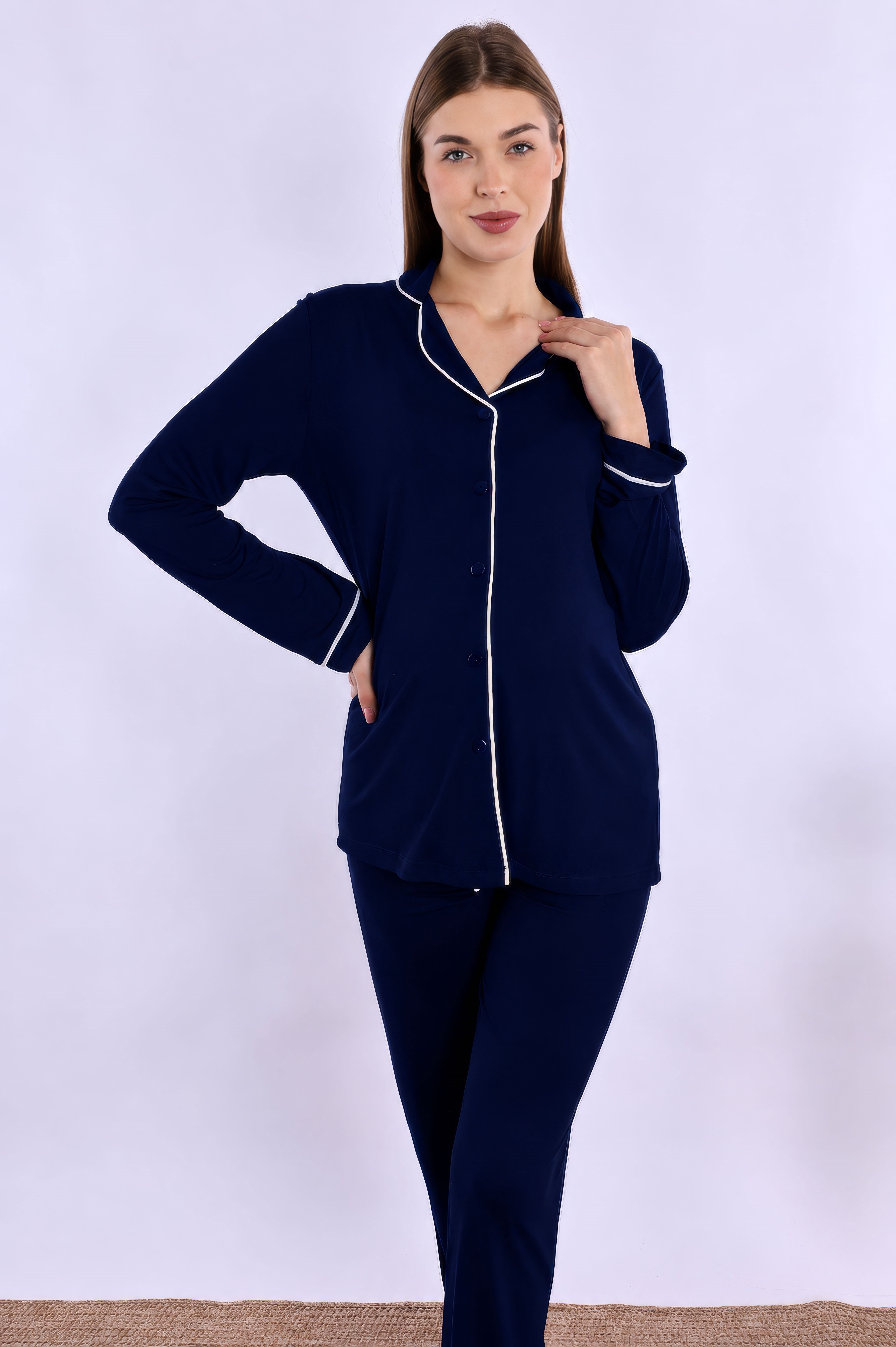 280982 Lacivert Sabahlıklı Hamile Lohusa Pijama Takımı