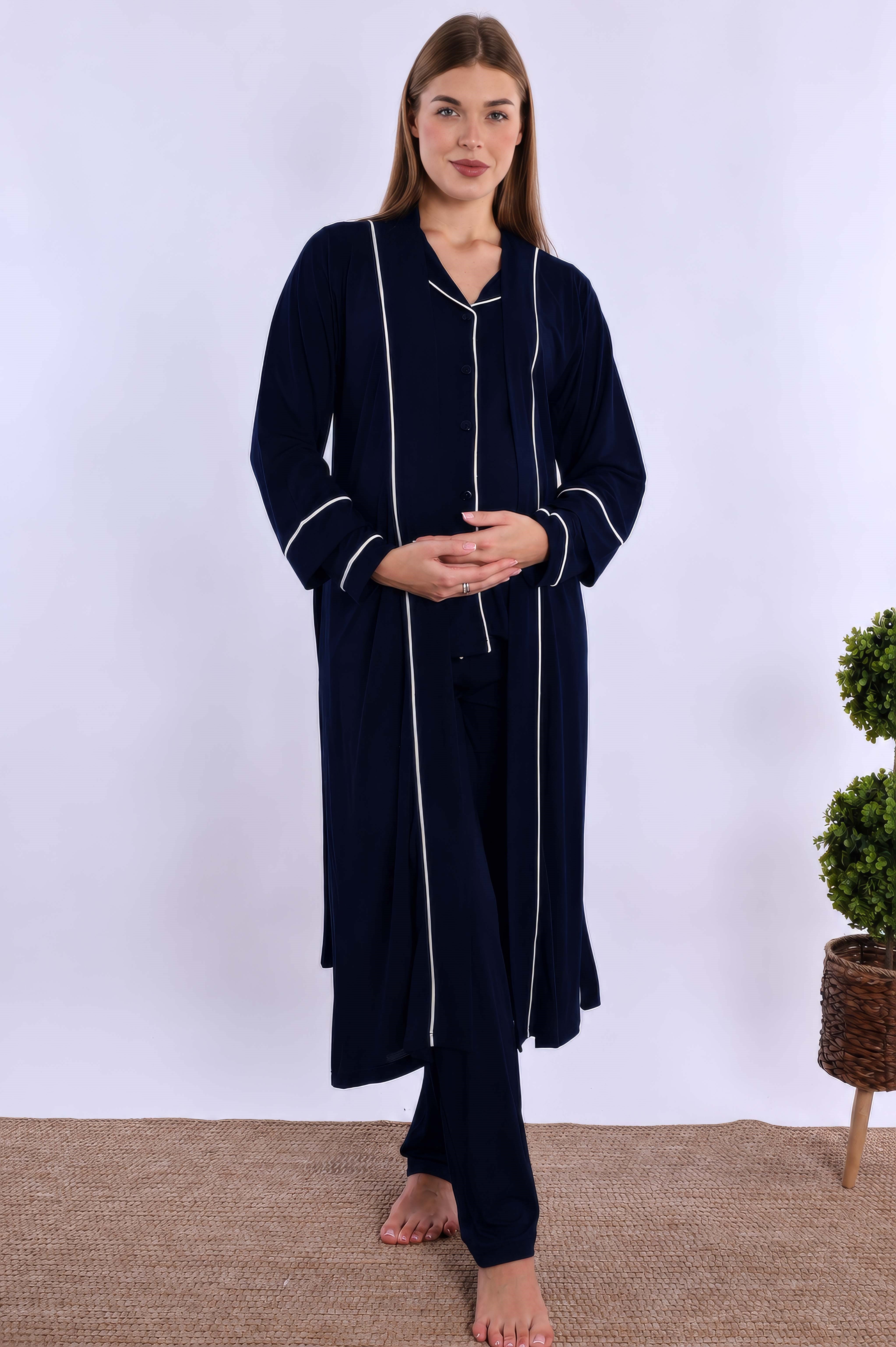 280982 Lacivert Sabahlıklı Hamile Lohusa Pijama Takımı