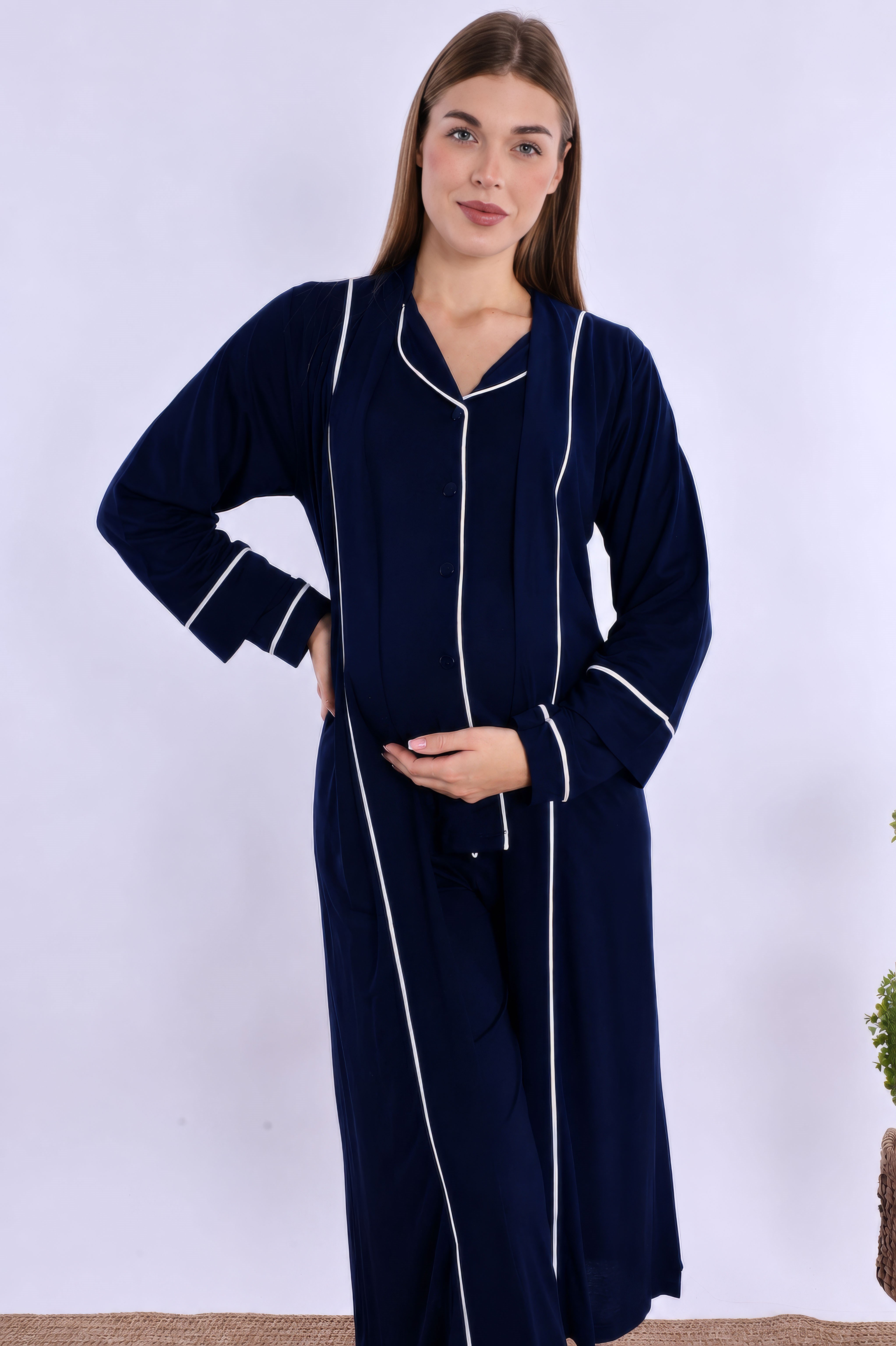 280982 Lacivert Sabahlıklı Hamile Lohusa Pijama Takımı