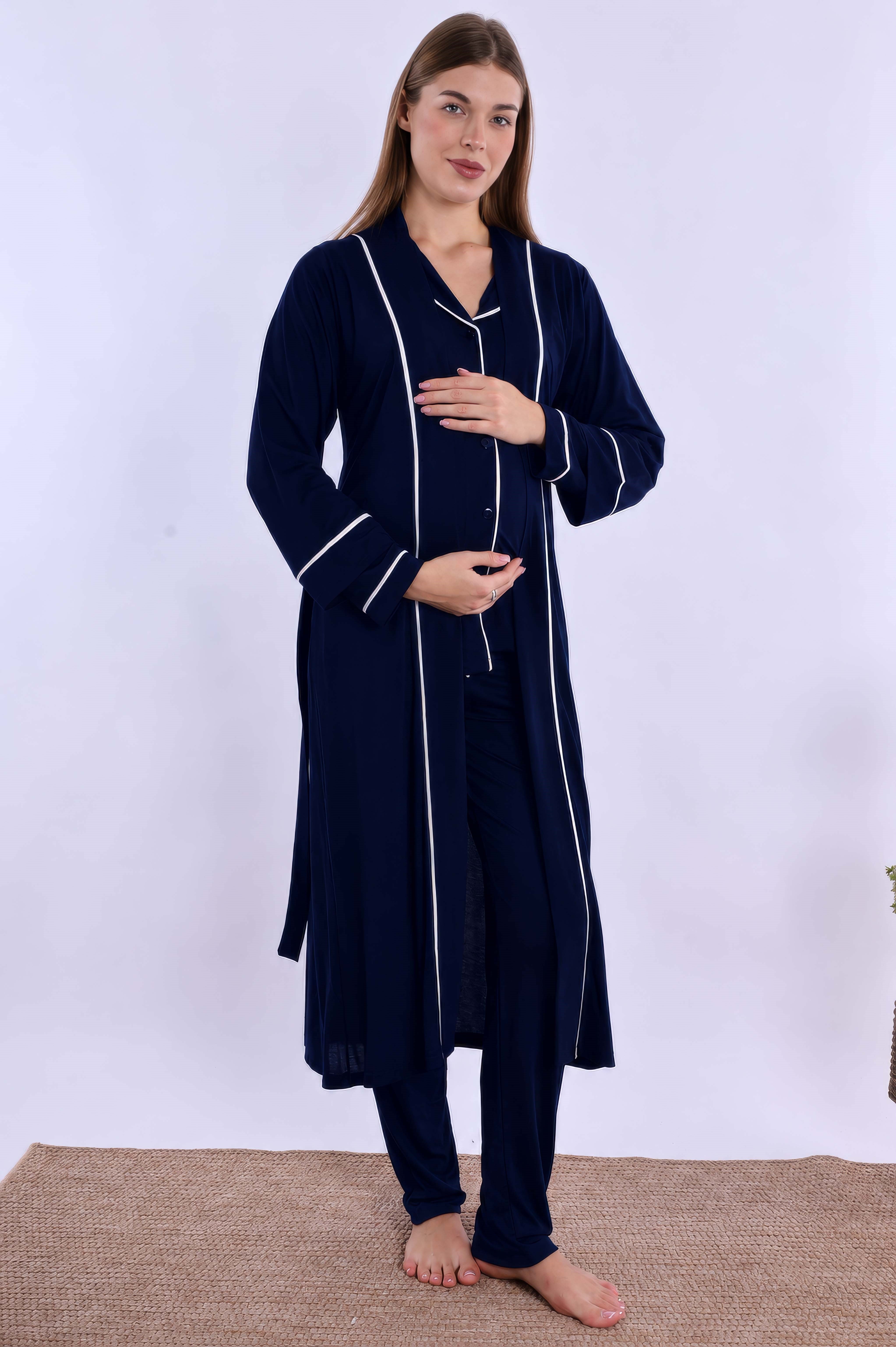280982 Lacivert Sabahlıklı Hamile Lohusa Pijama Takımı
