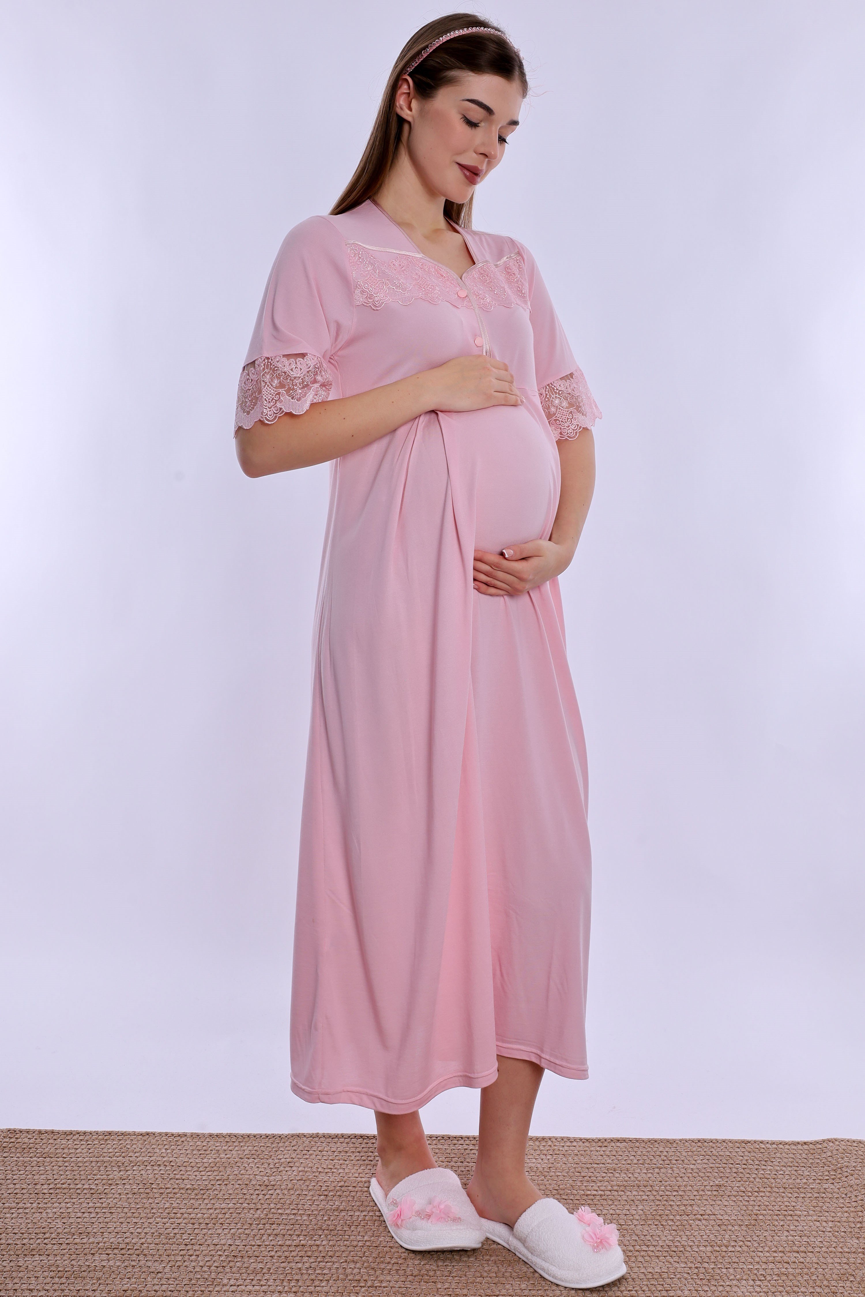 290132 Anne Konforu Emzirme Özellikli Hamile Lohusa Gecelik  - Pembe