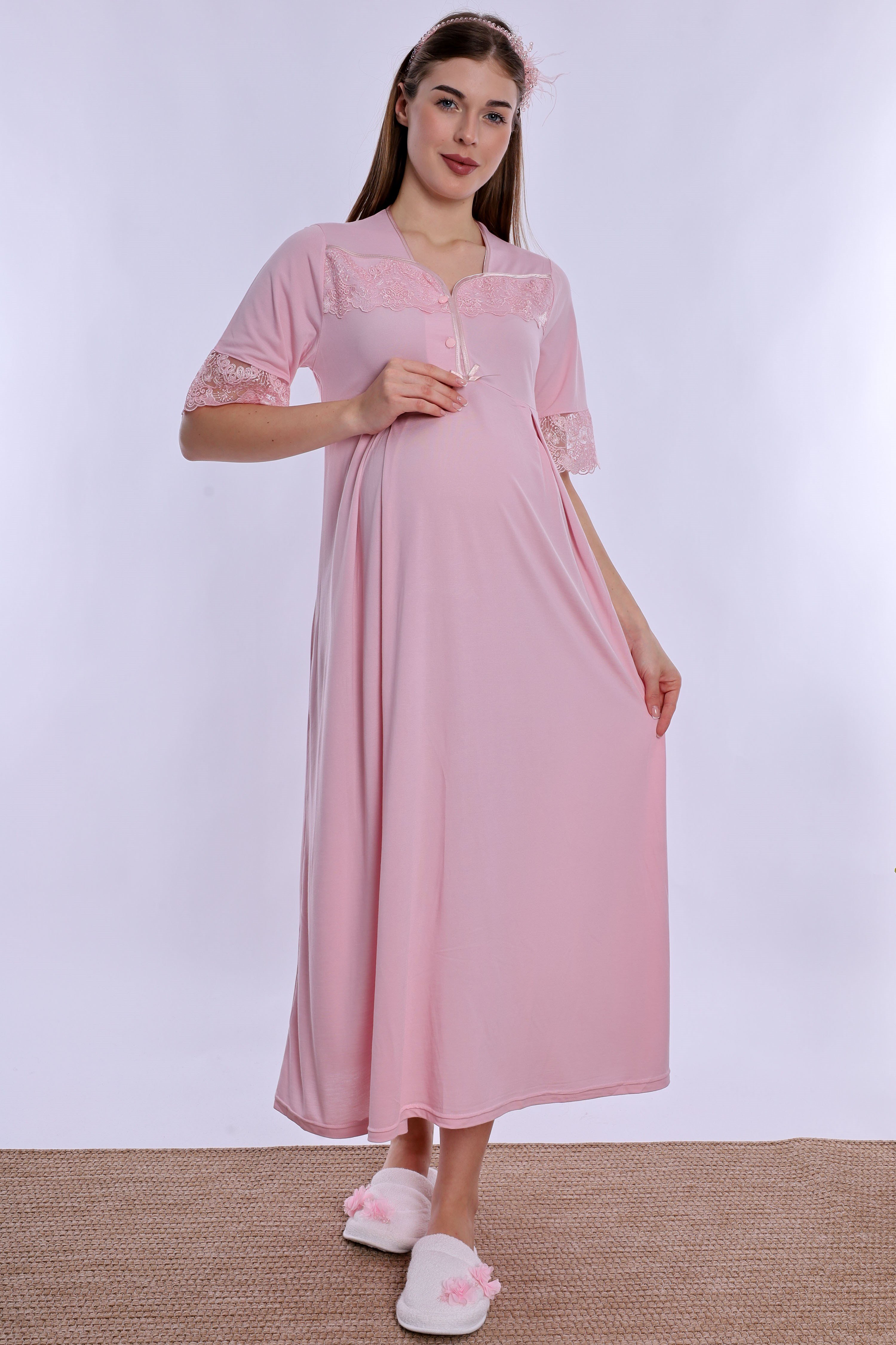 290132 Anne Konforu Emzirme Özellikli Hamile Lohusa Gecelik  - Pembe