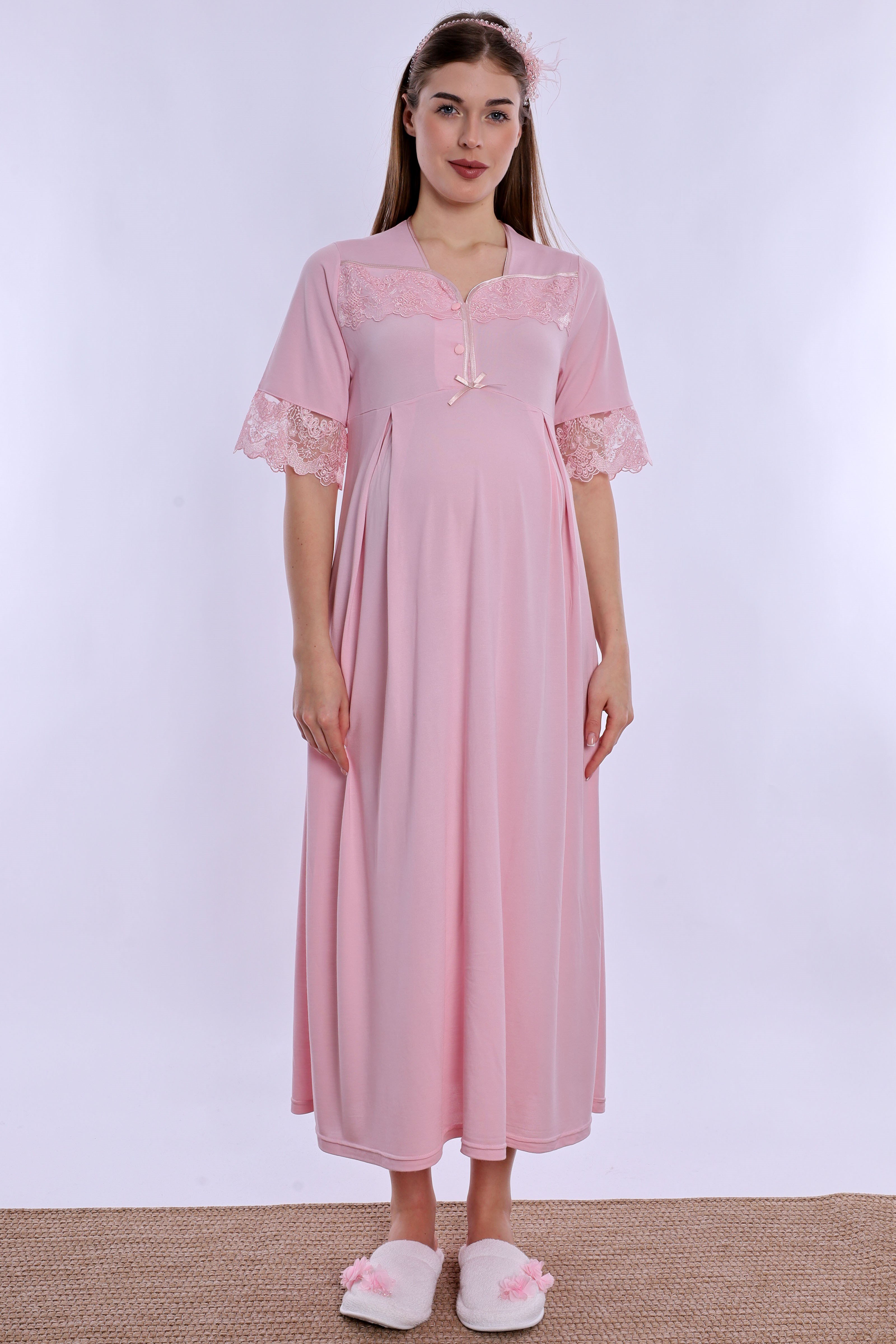 290132 Anne Konforu Emzirme Özellikli Hamile Lohusa Gecelik  - Pembe