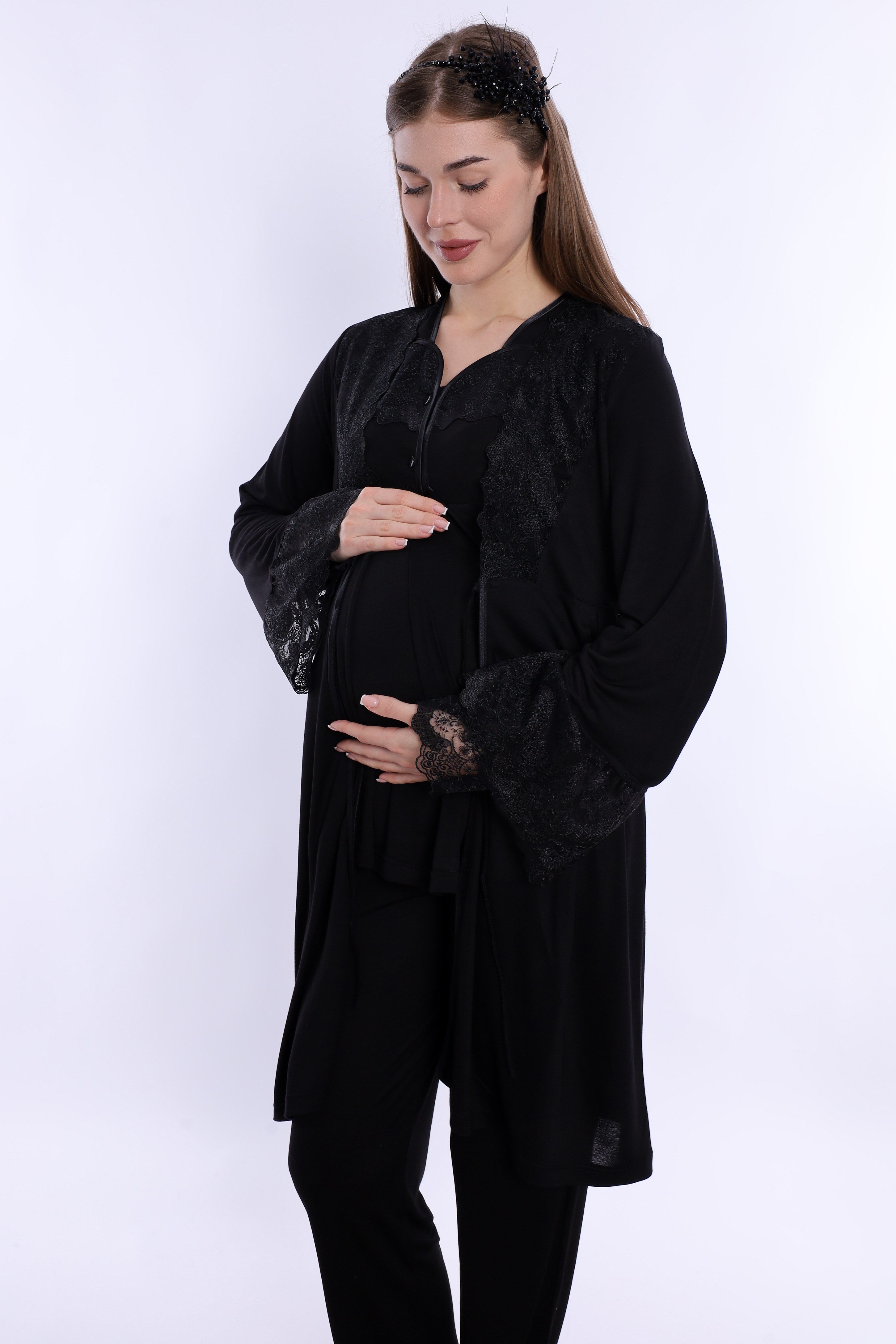 290142 Pamuklu Hamile Lohusa Pijama ve Sabahlık Takımı  - Siyah