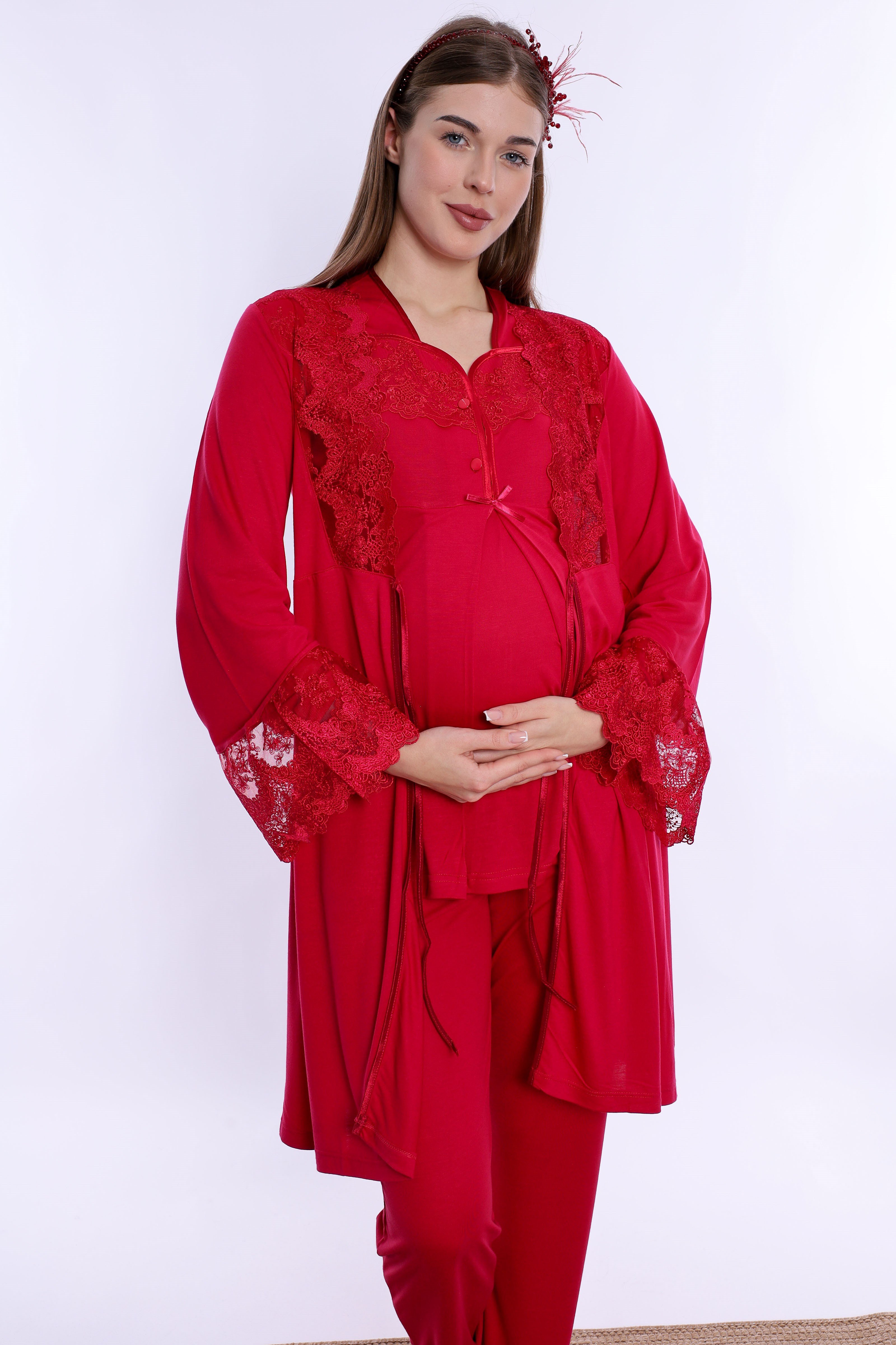 290142 Pamuklu Hamile Lohusa Pijama ve Sabahlık Takımı  - Vişne
