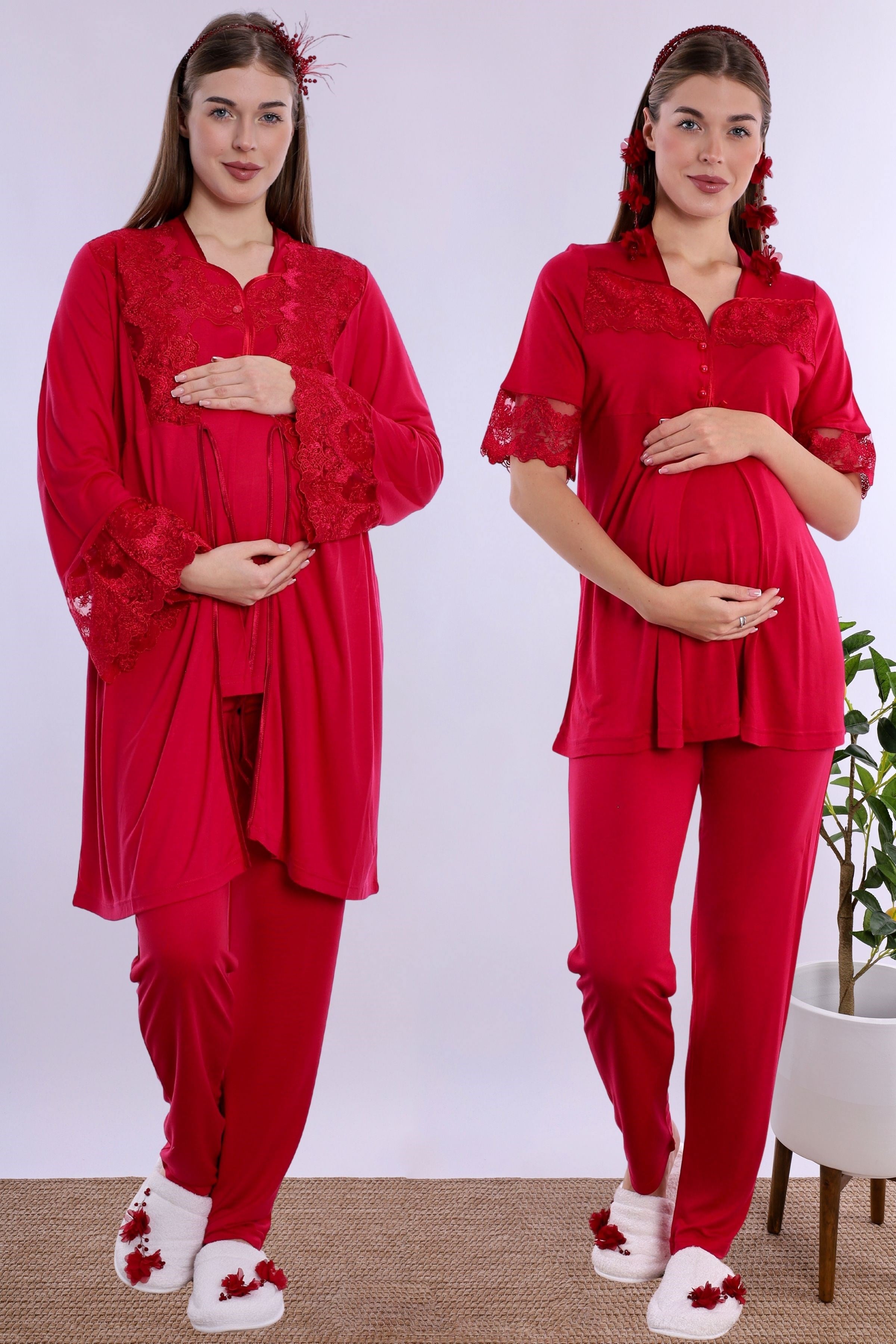 290142 Pamuklu Hamile Lohusa Pijama ve Sabahlık Takımı  - Vişne