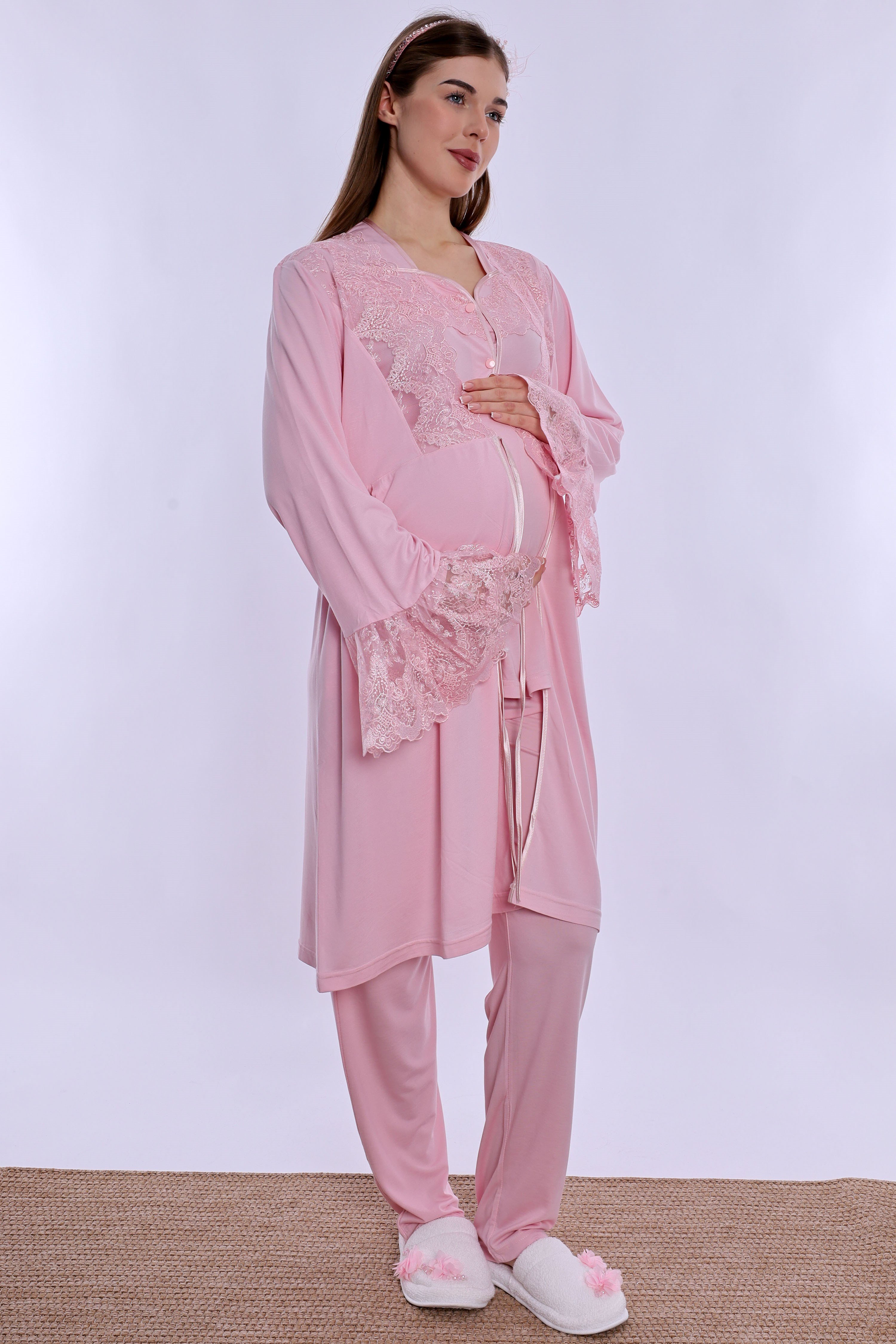290142 Pamuklu Hamile Lohusa Pijama ve Sabahlık Takımı  - Pembe