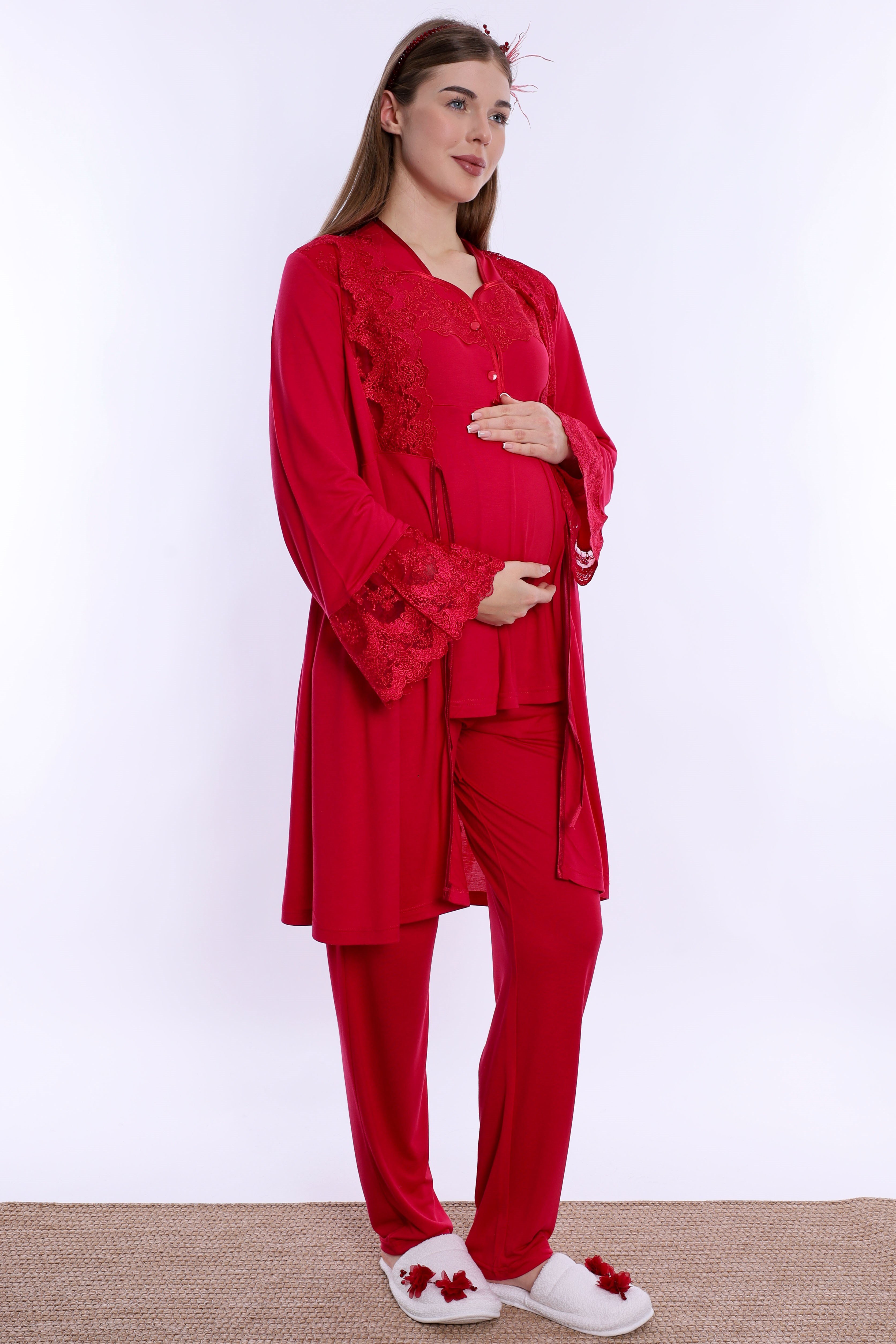 290142 Pamuklu Hamile Lohusa Pijama ve Sabahlık Takımı  - Vişne