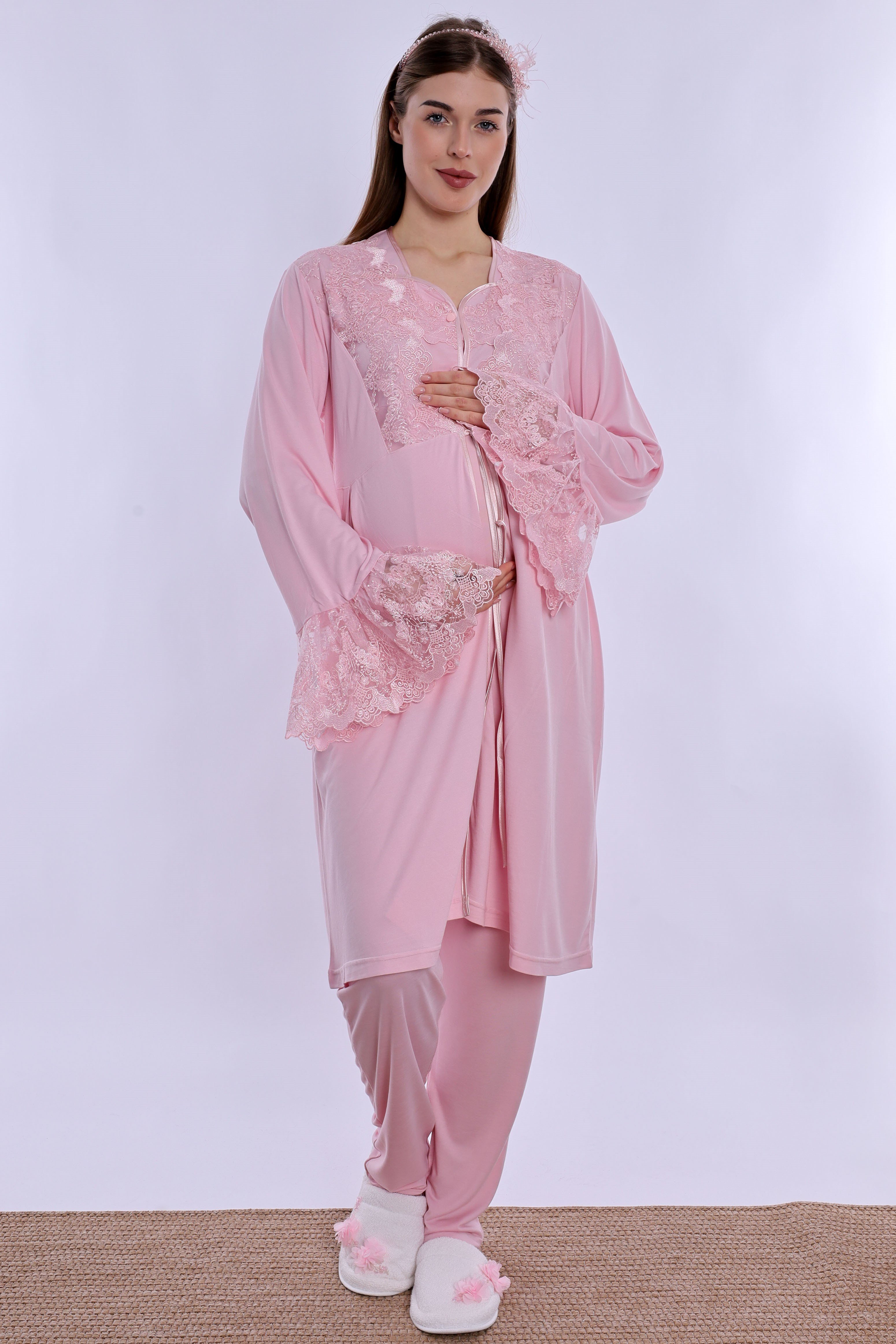 290142 Pamuklu Hamile Lohusa Pijama ve Sabahlık Takımı  - Pembe