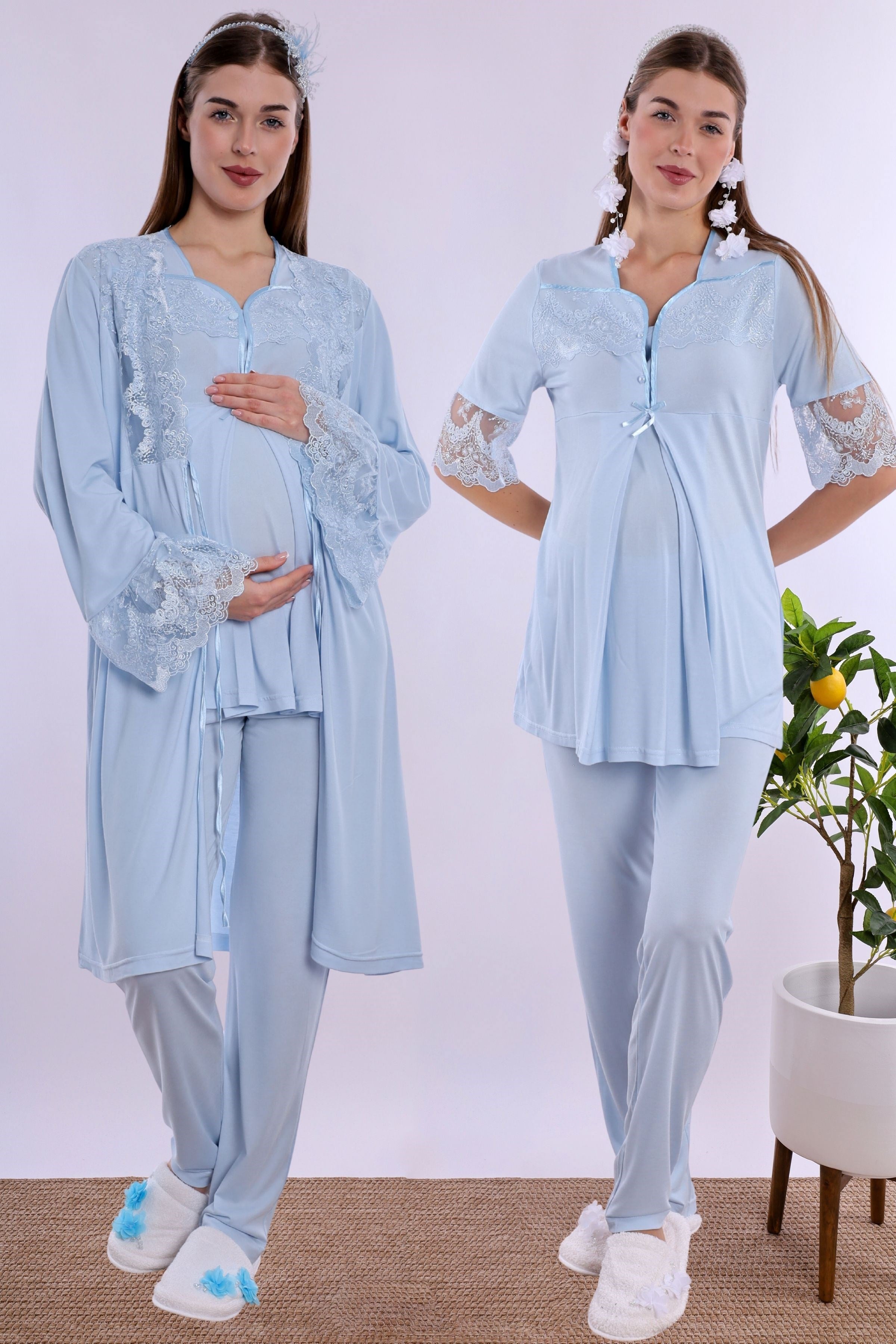290142 Pamuklu Hamile Lohusa Pijama ve Sabahlık Takımı  - Mavi