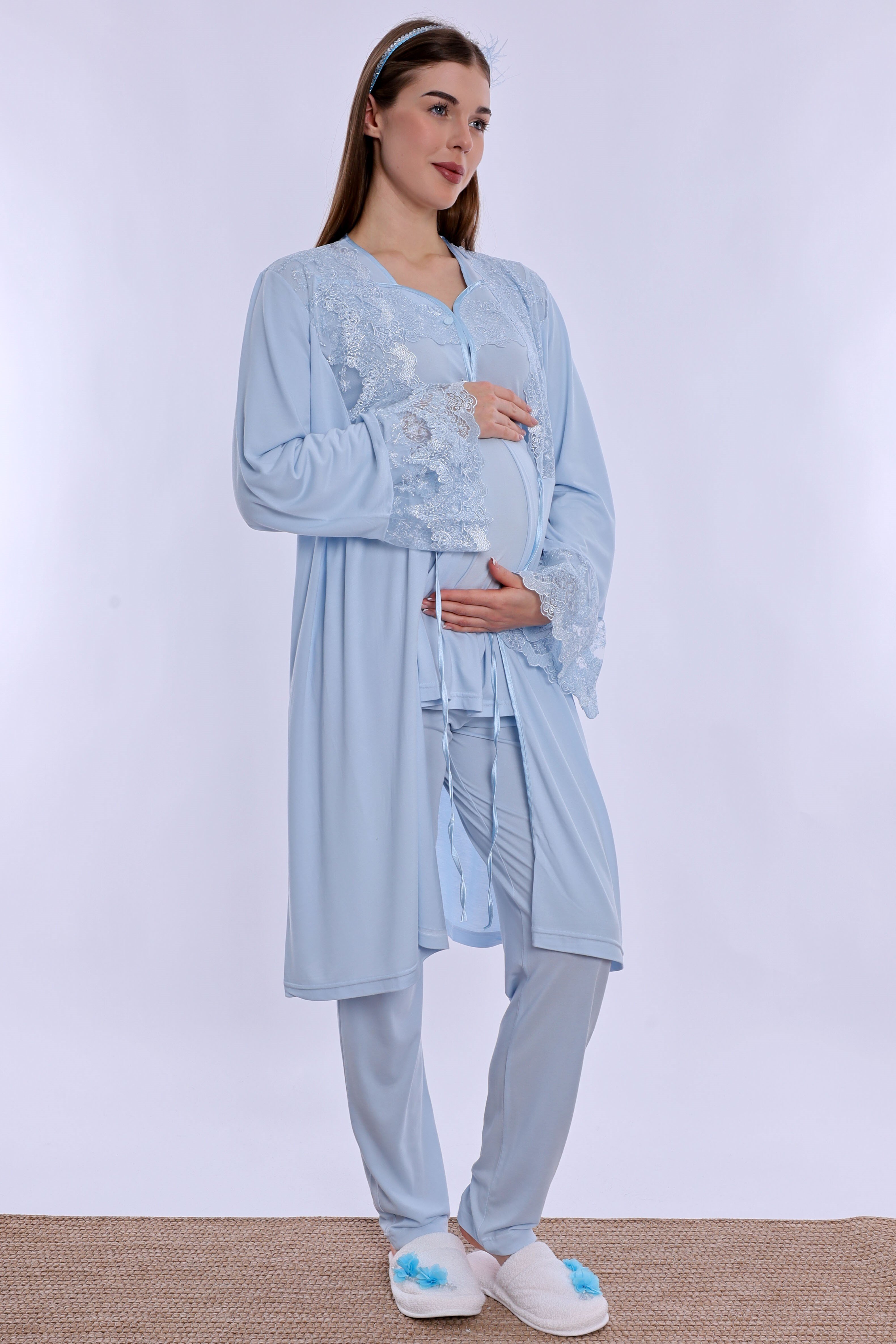 290142 Pamuklu Hamile Lohusa Pijama ve Sabahlık Takımı  - Mavi