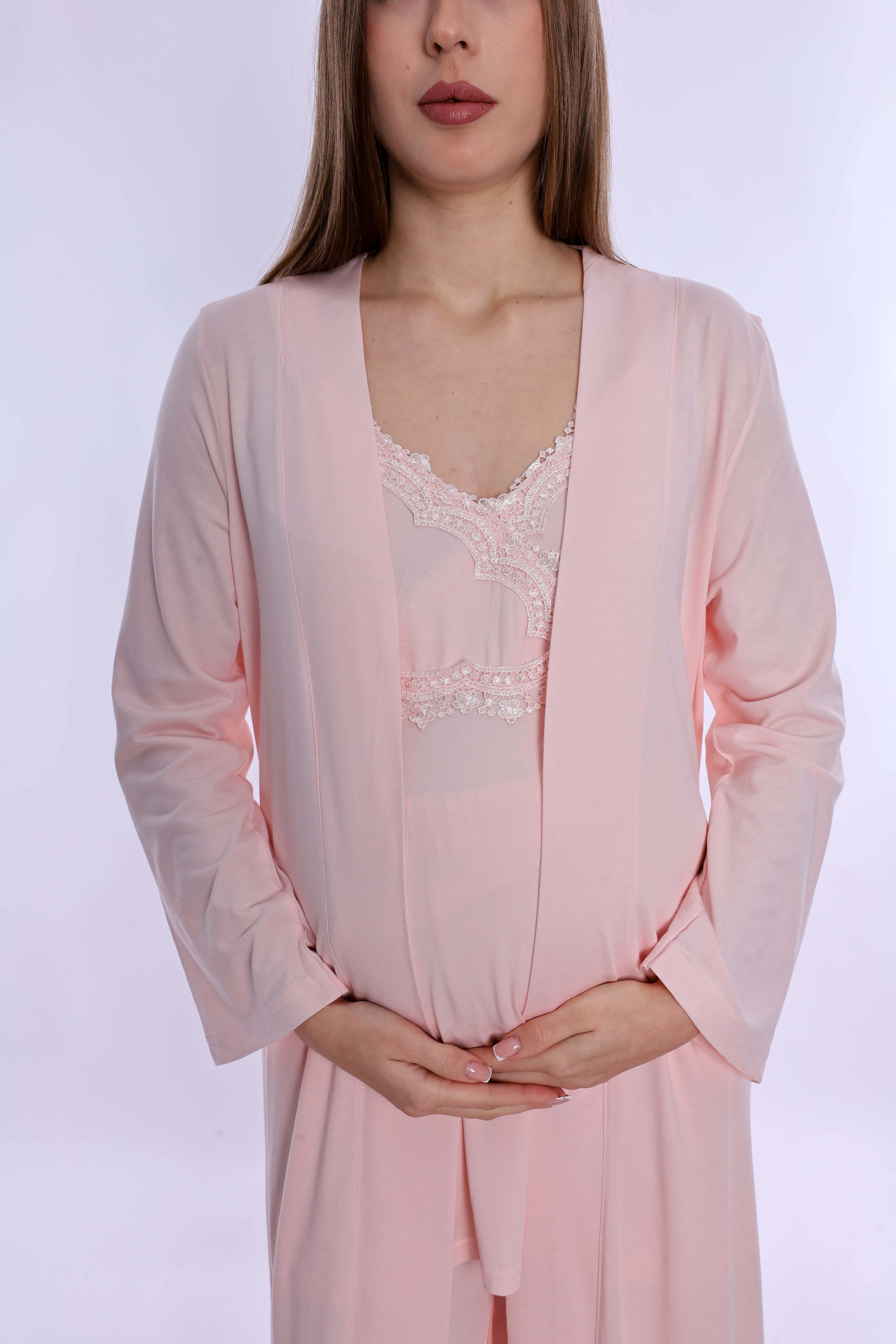 290382 Pamuklu Sabahlıklı Hamile Lohusa Emzirme Pijama Takımı Ayarlanabilir Bel Lastikli  - Pudra