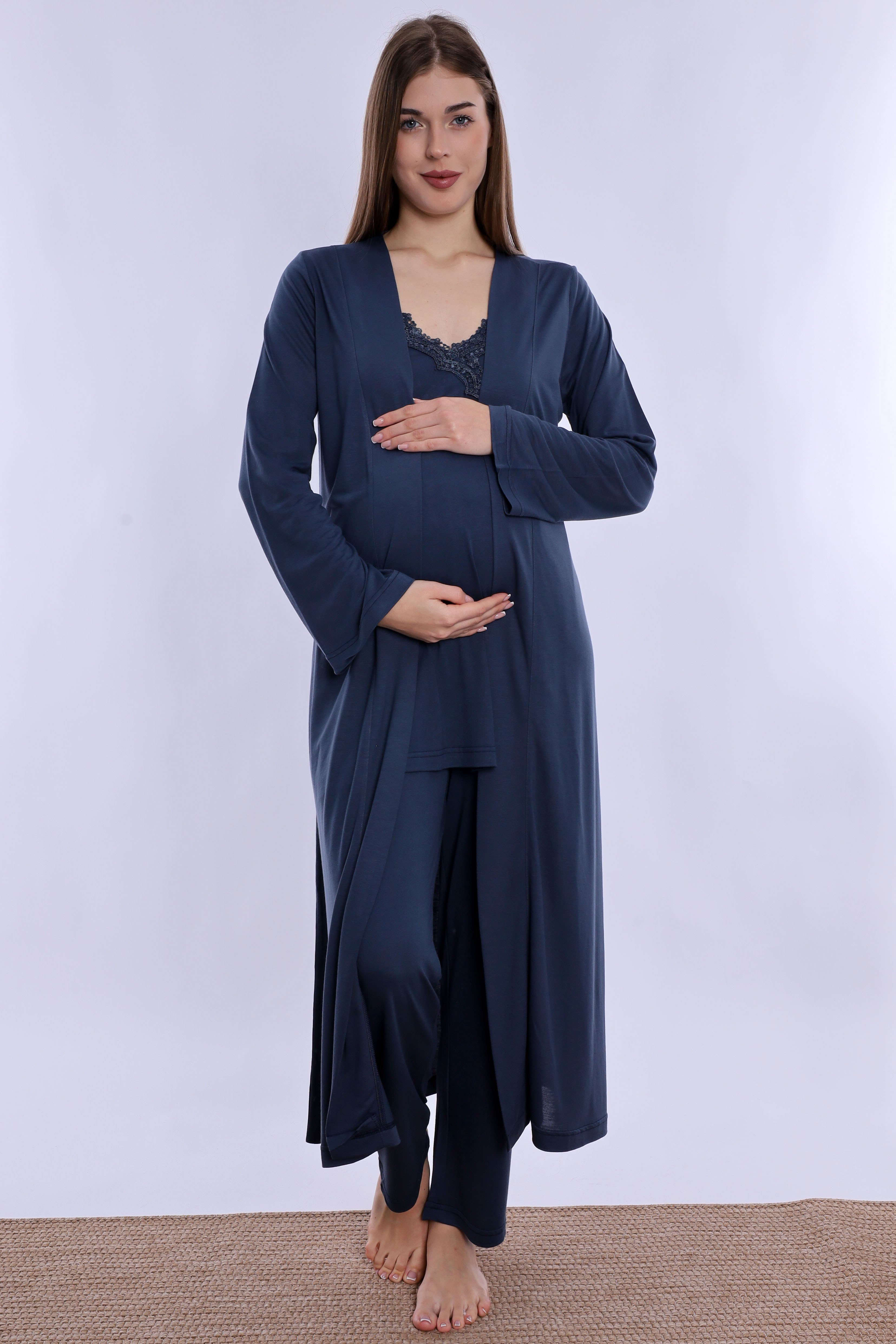 290382 Pamuklu Sabahlıklı Hamile Lohusa Emzirme Pijama Takımı Ayarlanabilir Bel Lastikli  - Lacivert