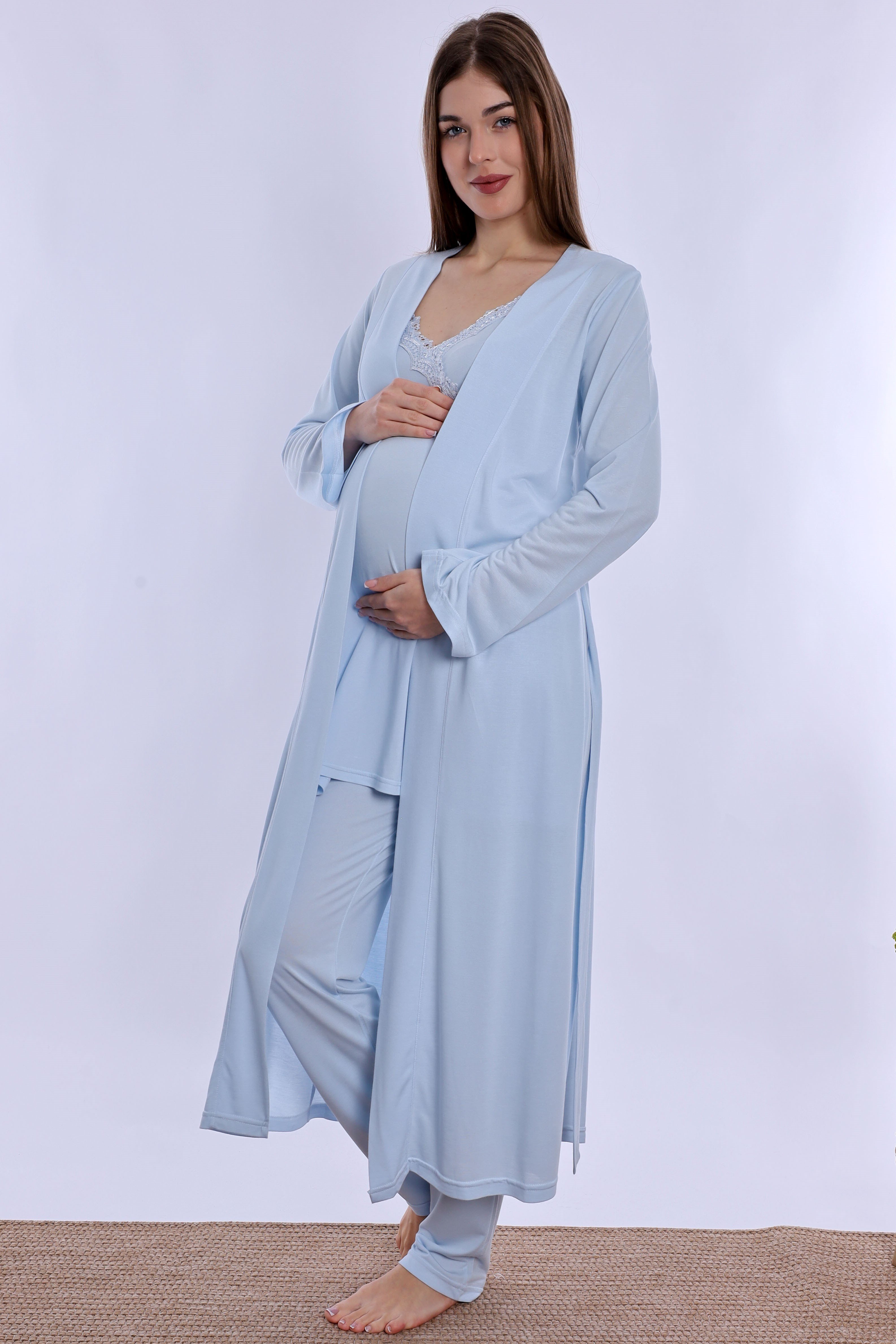 290382 Pamuklu Sabahlıklı Hamile Lohusa Emzirme Pijama Takımı Ayarlanabilir Bel Lastikli  - Mavi
