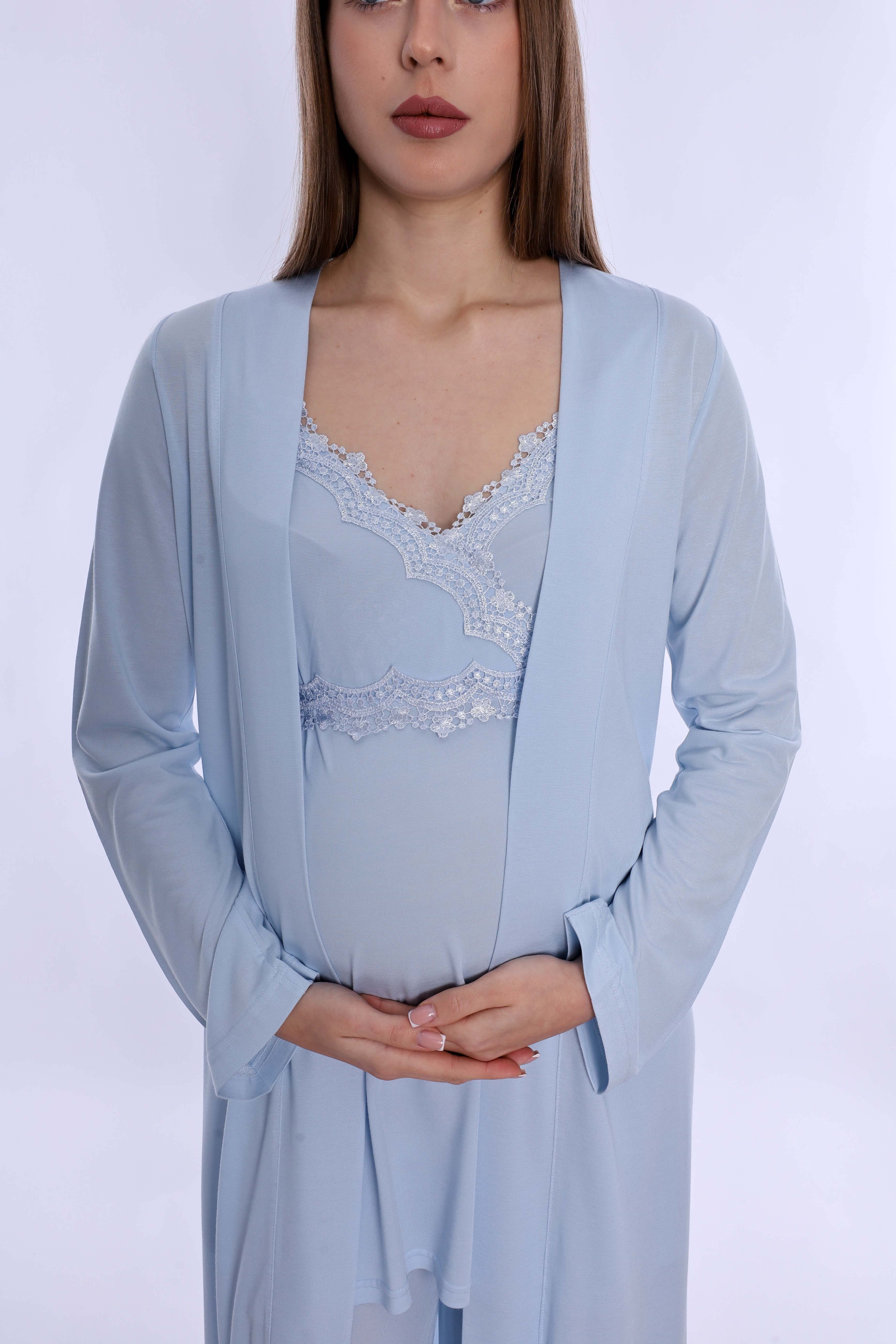 290382 Pamuklu Sabahlıklı Hamile Lohusa Emzirme Pijama Takımı Ayarlanabilir Bel Lastikli  - Mavi