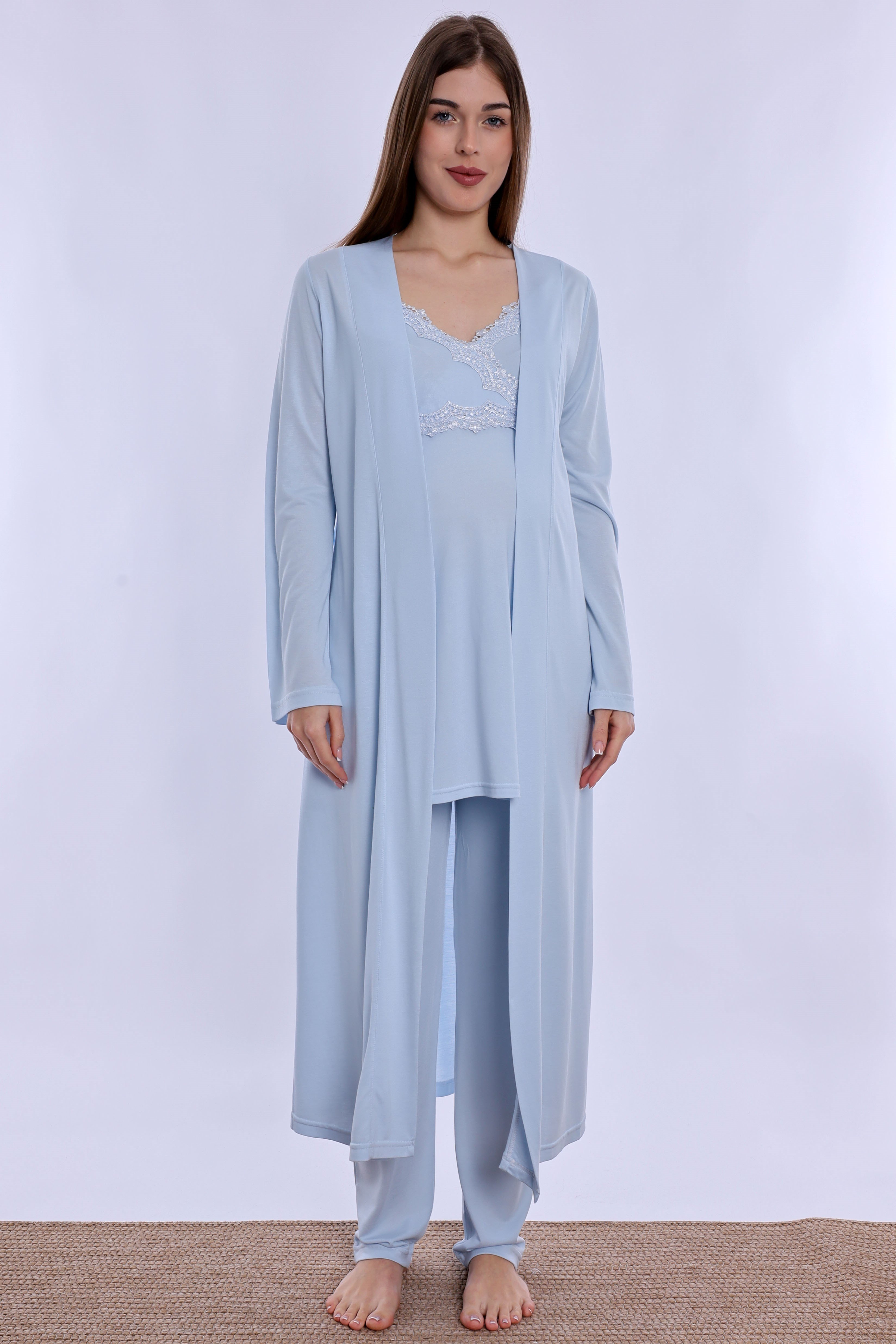 290382 Pamuklu Sabahlıklı Hamile Lohusa Emzirme Pijama Takımı Ayarlanabilir Bel Lastikli  - Mavi