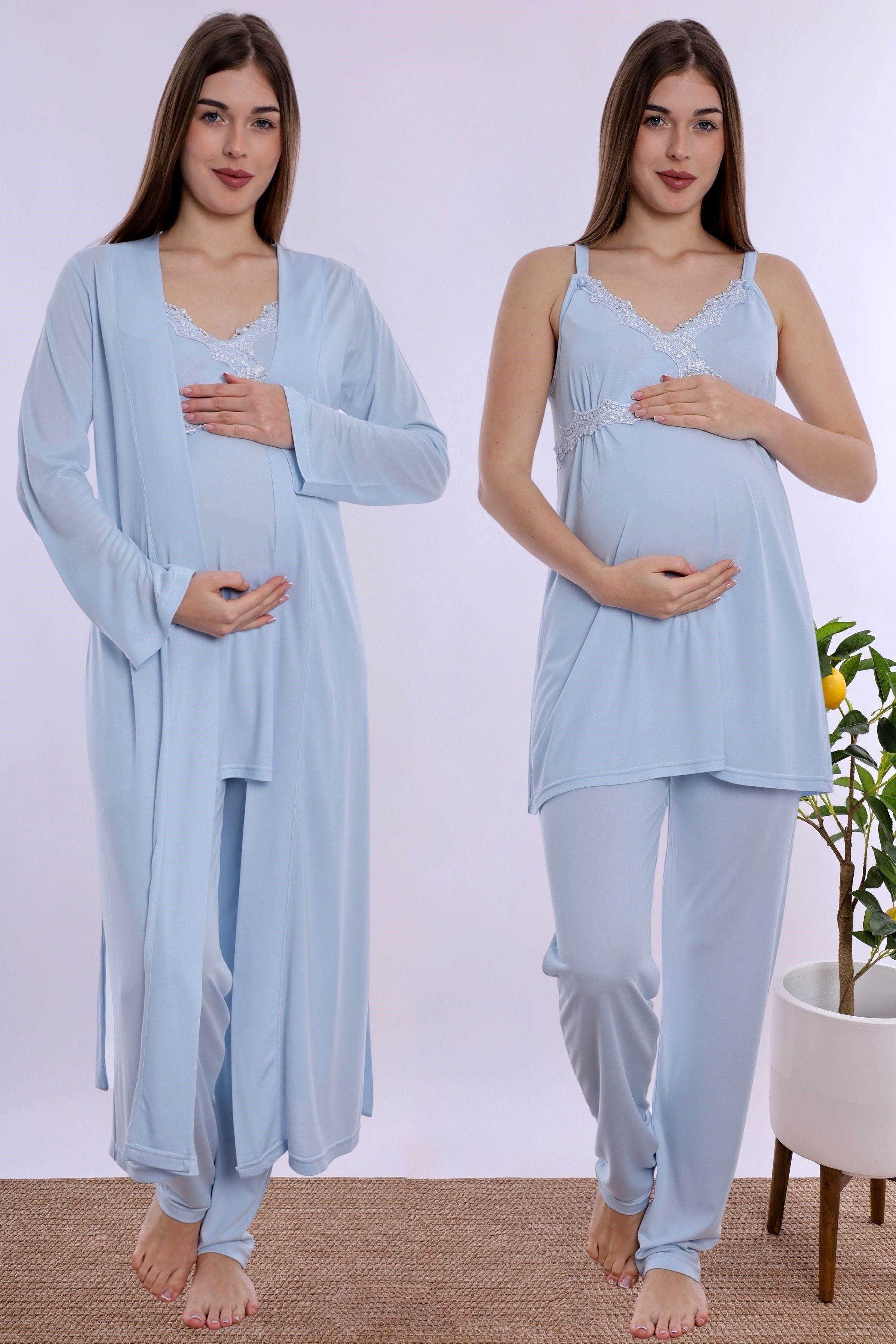 290382 Pamuklu Sabahlıklı Hamile Lohusa Emzirme Pijama Takımı Ayarlanabilir Bel Lastikli  - Mavi